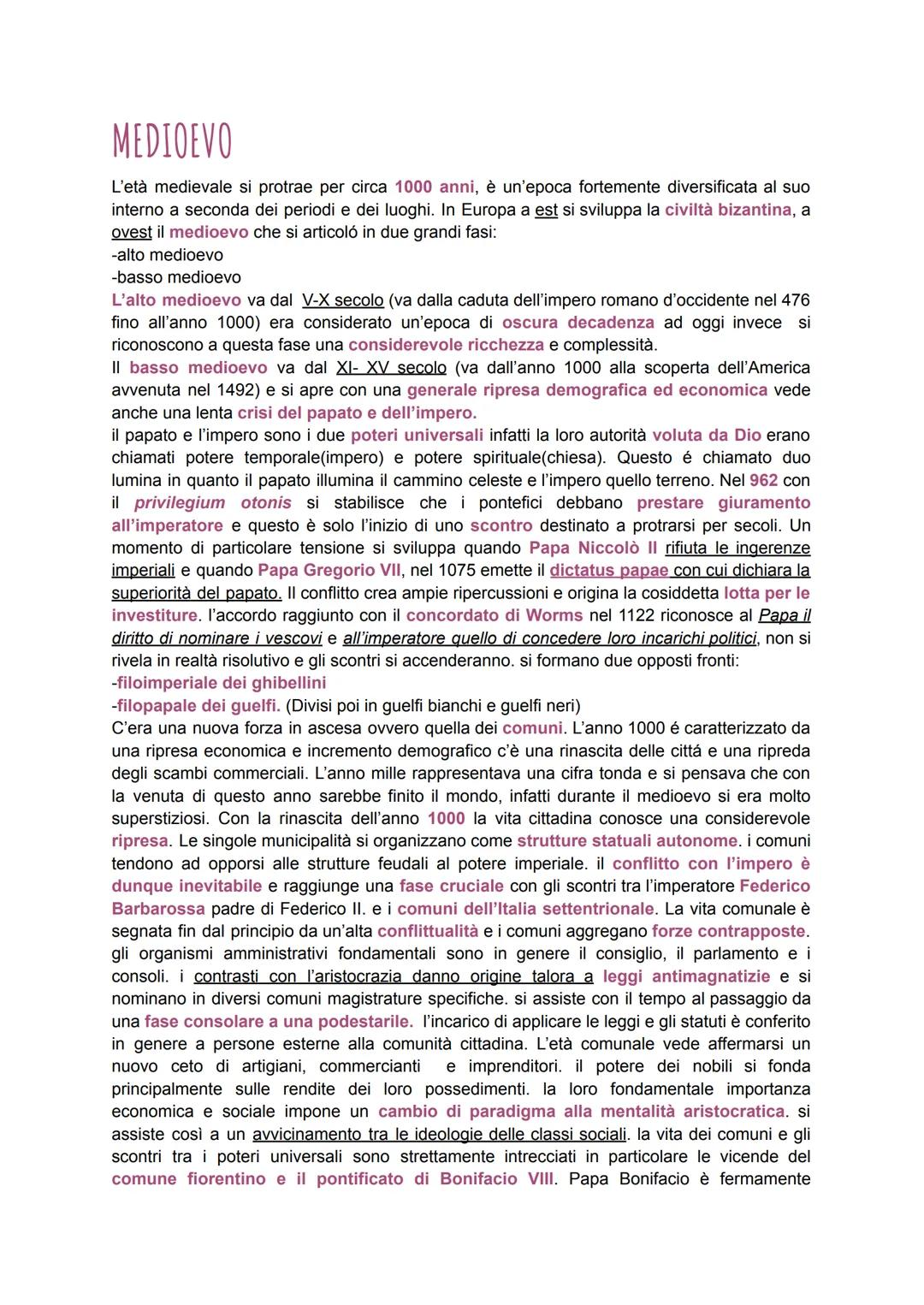 MEDIOEVO
L'età medievale si protrae per circa 1000 anni, è un'epoca fortemente diversificata al suo
interno a seconda dei periodi e dei luog