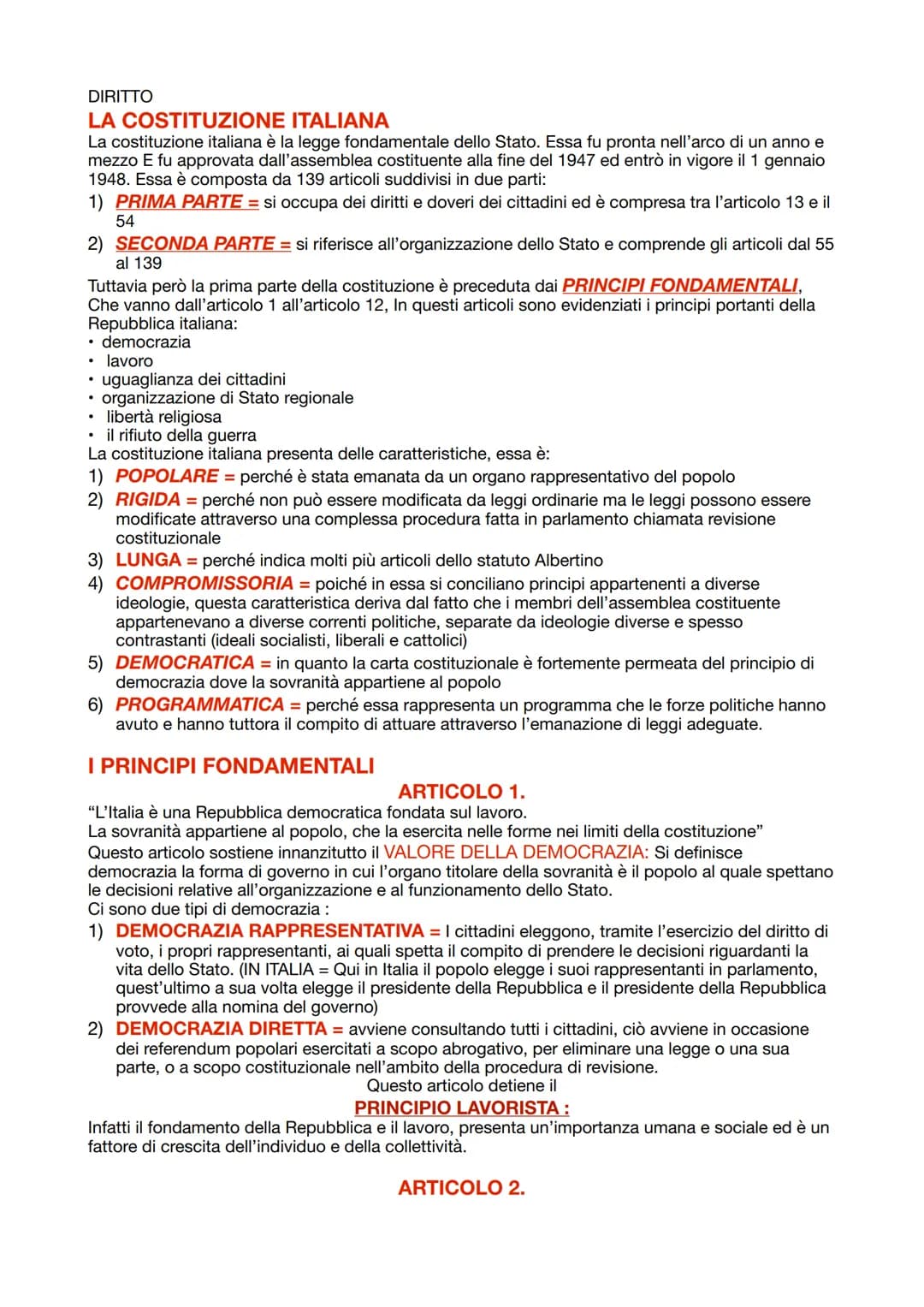 DIRITTO
LA COSTITUZIONE
ITALIANA
La costituzione italiana è la legge fondamentale dello Stato. Essa fu pronta nell'arco di un anno e
mezzo E