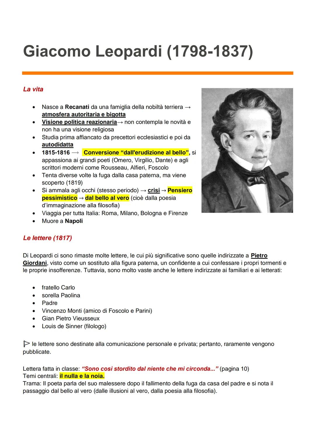 Giacomo Leopardi (1798-1837)

La vita

- Nasce a Recanati da una famiglia della nobiltà terriera →
atmosfera autoritaria e bigotta
- Visione