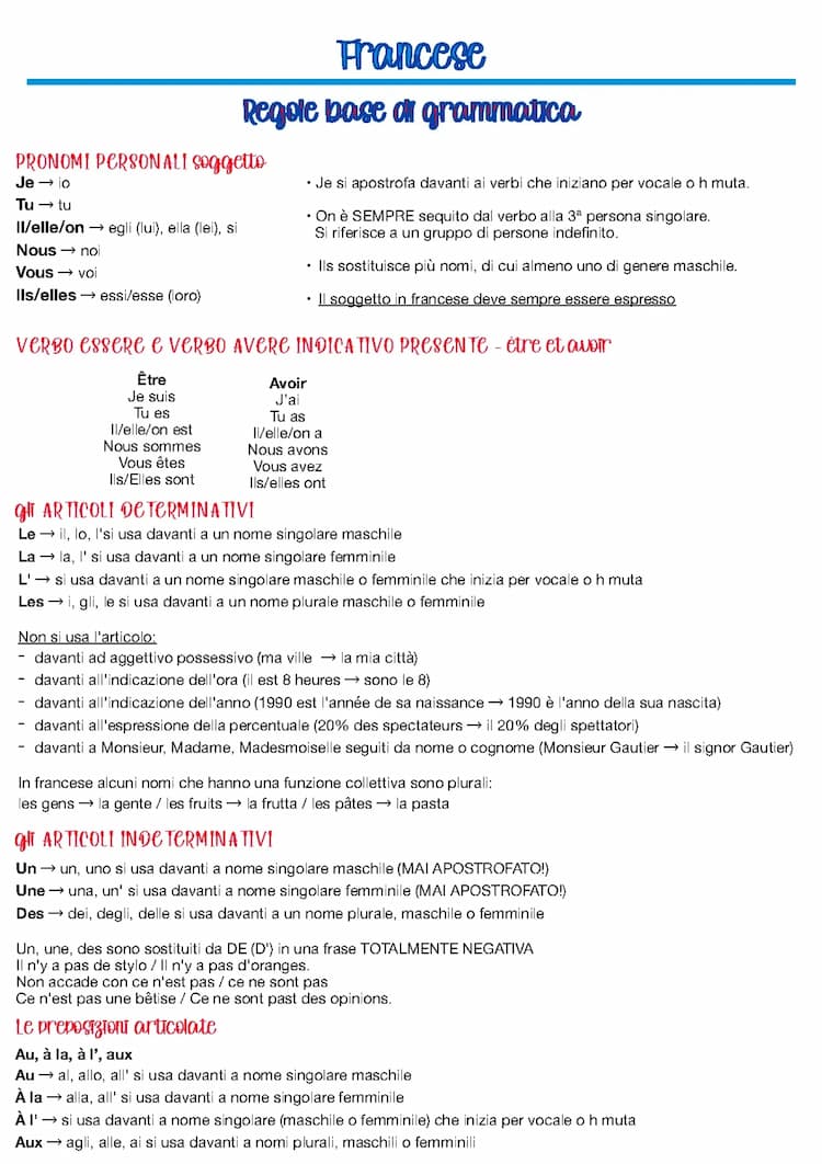 Know Basi della grammatica francese: pronomi personali soggetto, essere e avere, articoli, preposizioni articolate, formazione del plurale, aggettivi e pronomi possessivi, numeri cardinali thumbnail