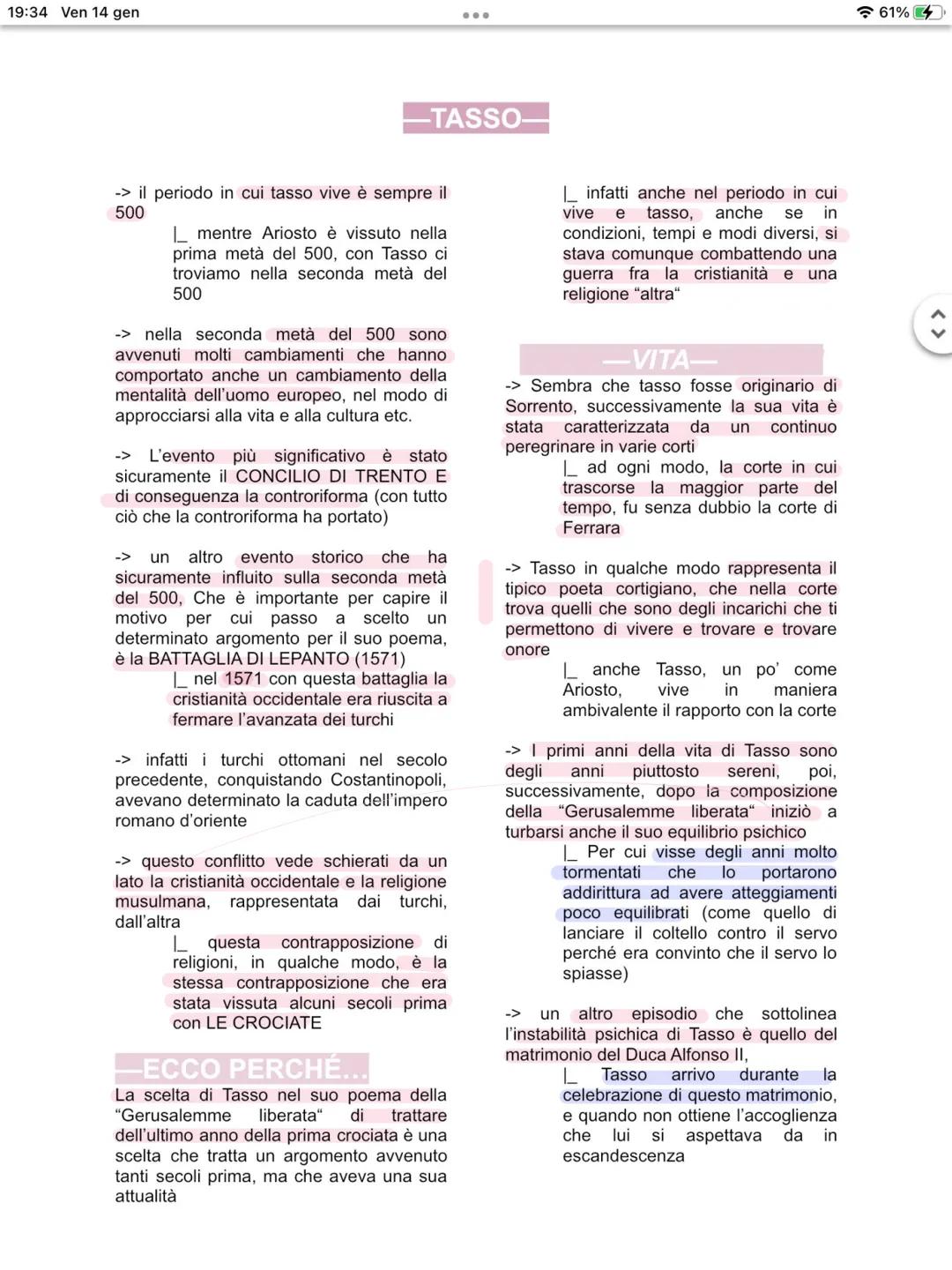 Tewo
TASSO 19:34 Ven 14 gen
-TASSO-
-> il periodo in cui tasso vive è sempre il
500
mentre Ariosto è vissuto nella
prima metà del 500, con T