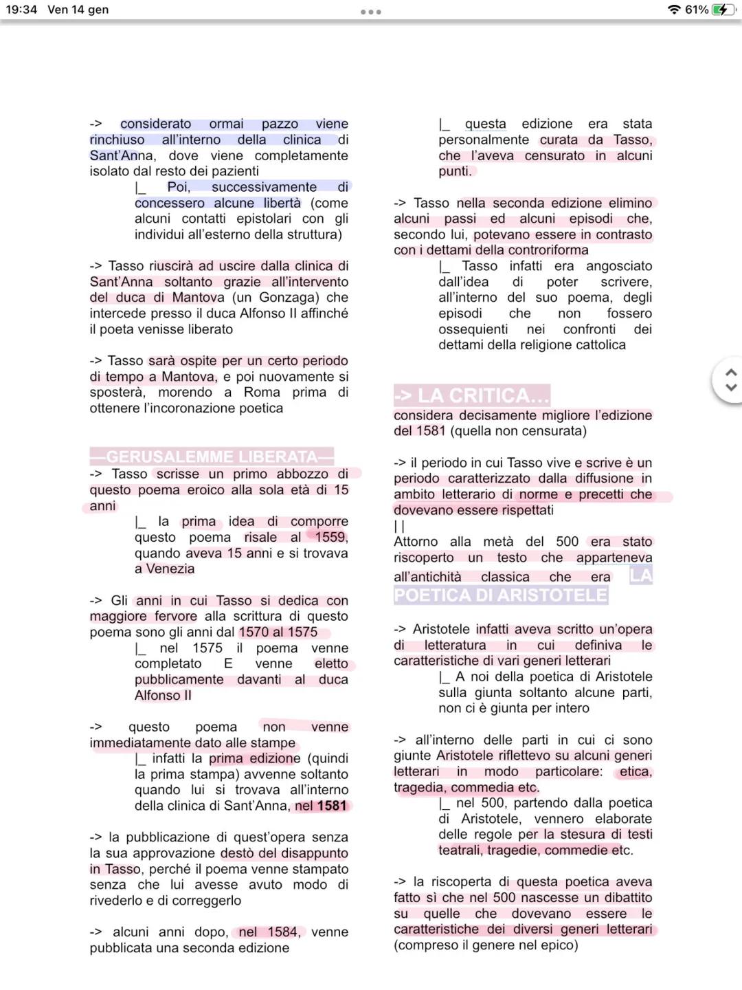 Tewo
TASSO 19:34 Ven 14 gen
-TASSO-
-> il periodo in cui tasso vive è sempre il
500
mentre Ariosto è vissuto nella
prima metà del 500, con T