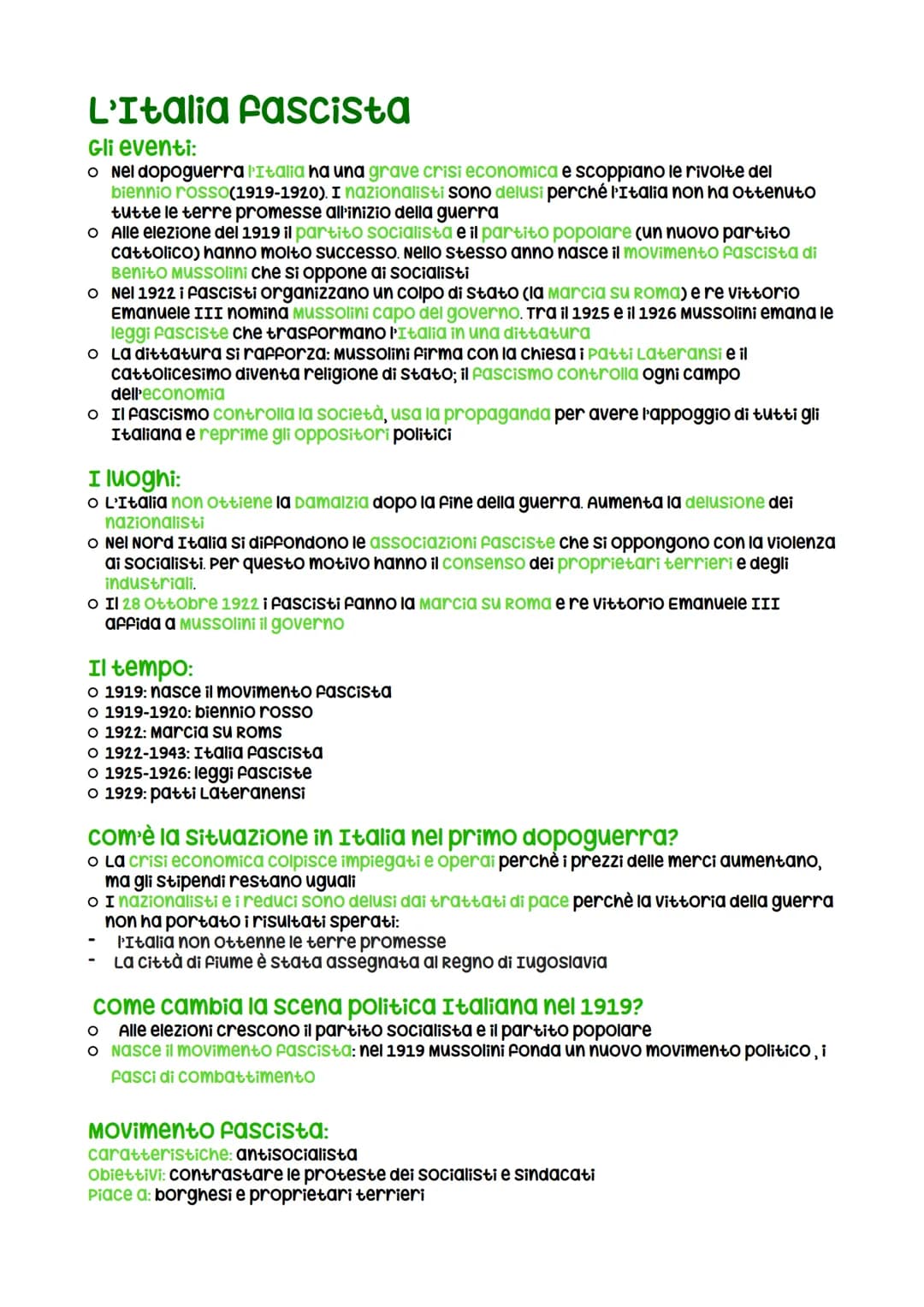 L'Italia fascista
Gli eventi:
o Nel dopoguerra l'Italia ha una grave crisi economica e scoppiano le rivolte del
biennio rosso(1919-1920). I 
