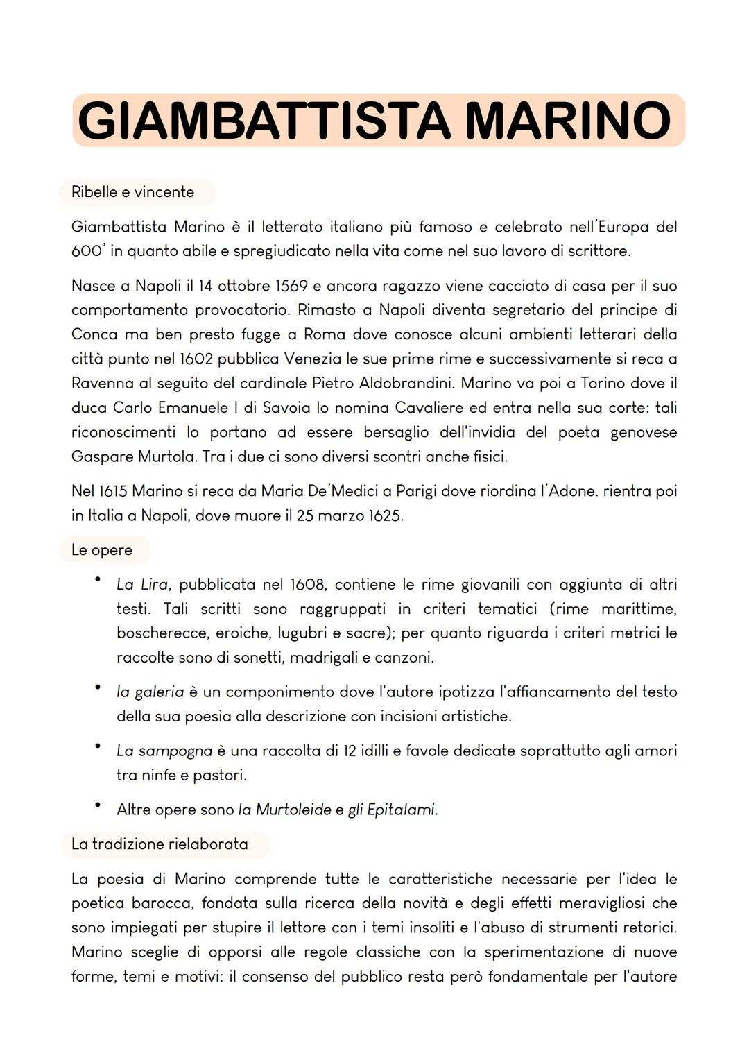 GIAMBATTISTA MARINO
Ribelle e vincente
Giambattista Marino è il letterato italiano più famoso e celebrato nell'Europa del
600' in quanto abi