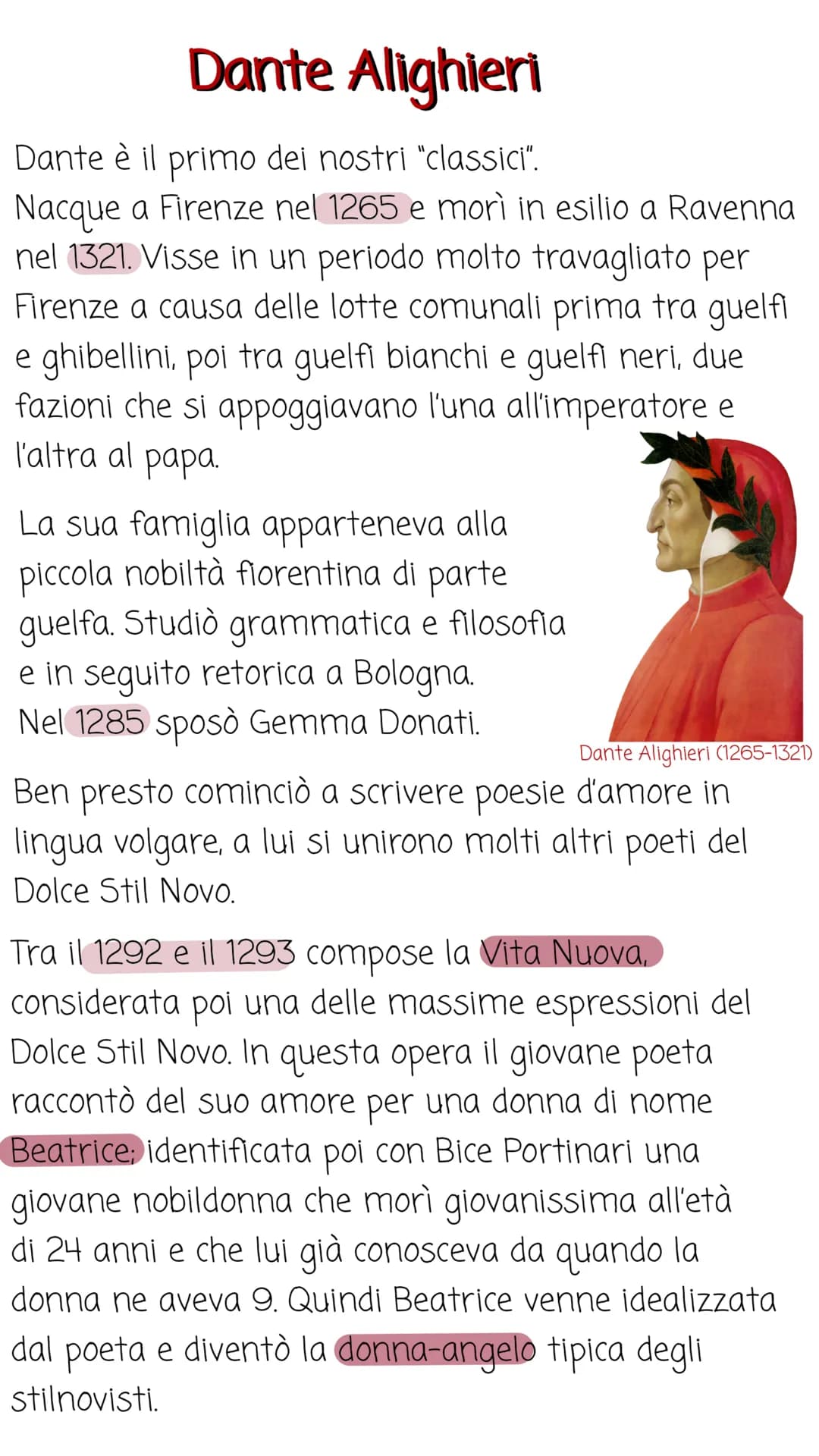 Dante Alighieri
Dante è il primo dei nostri "classici".
Nacque a Firenze nel 1265 e morì in esilio a Ravenna
nel 1321. Visse in un periodo m