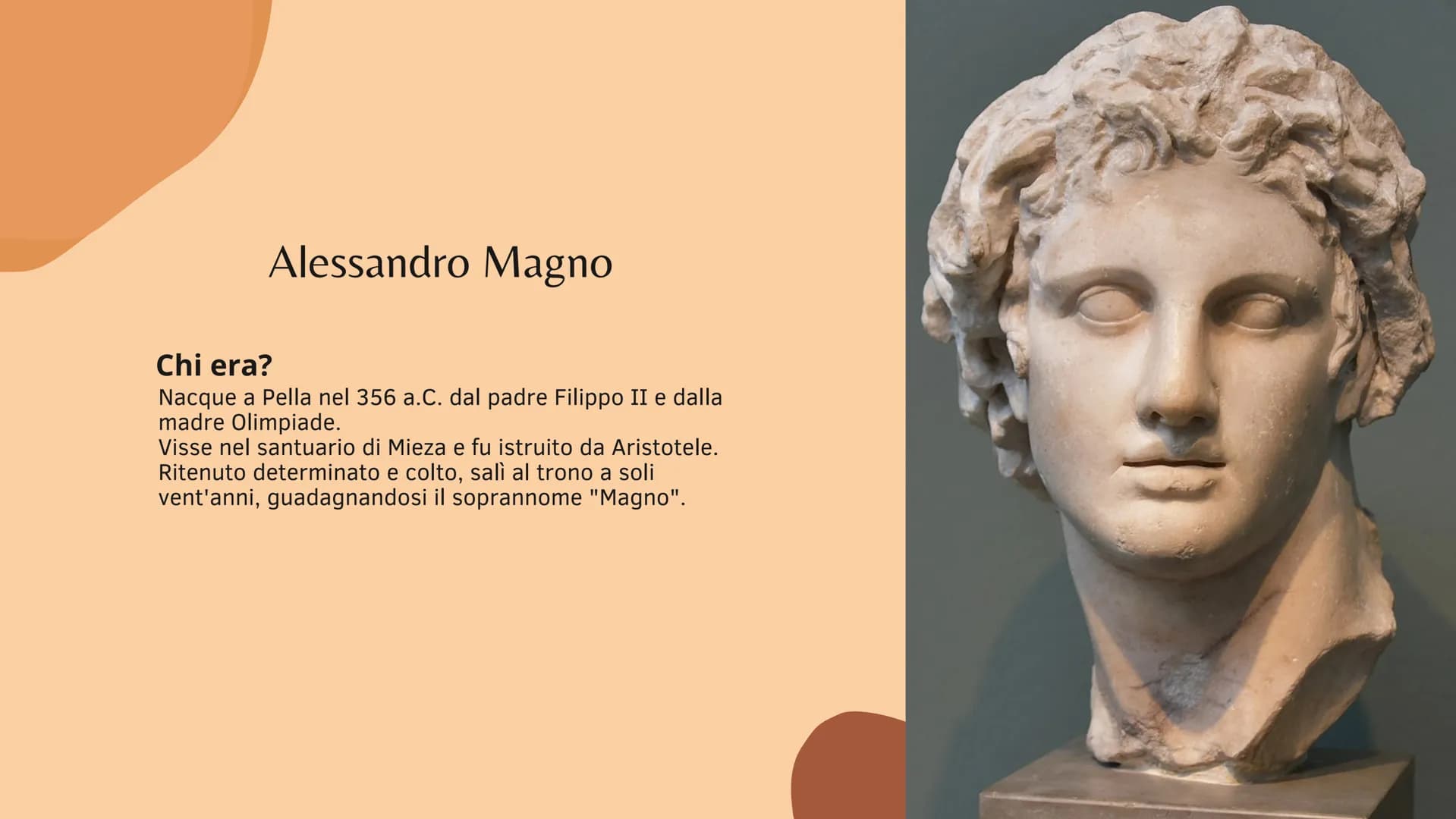 Alessandro Magno
l'età ellenistica
Salvatore Veronica 2A TUR Alessandro Magno
Chi era?
Nacque a Pella nel 356 a.C. dal padre Filippo II e da