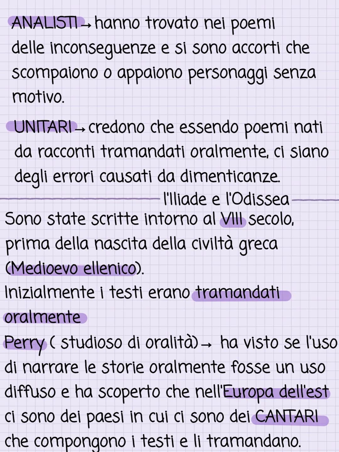 Questione Omerica
Omero é una figura che viene sempre
associata all'lliade e all'Odissea. La
teoria più diffusa dice che non sia mai
esistit