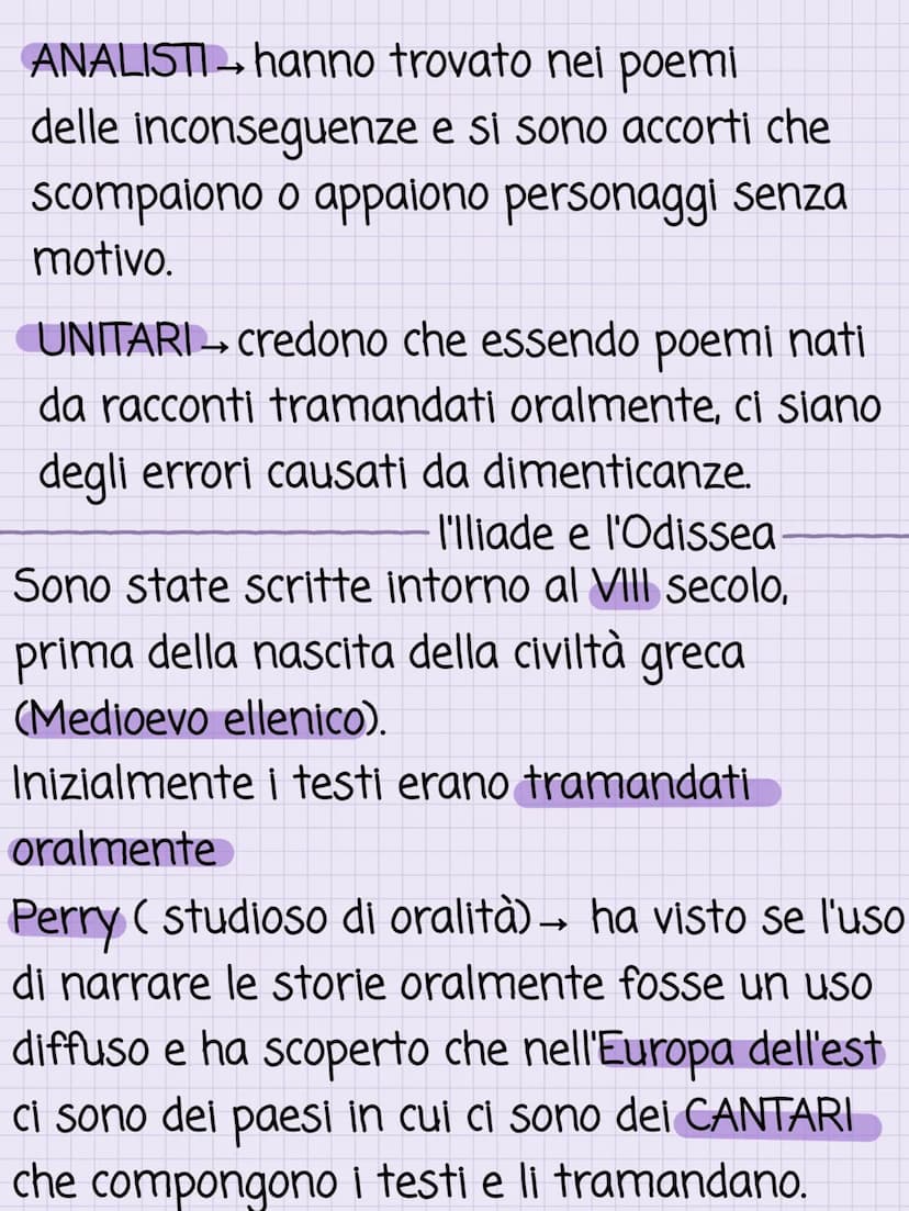 Questione Omerica
Omero é una figura che viene sempre
associata all'lliade e all'Odissea. La
teoria più diffusa dice che non sia mai
esistit