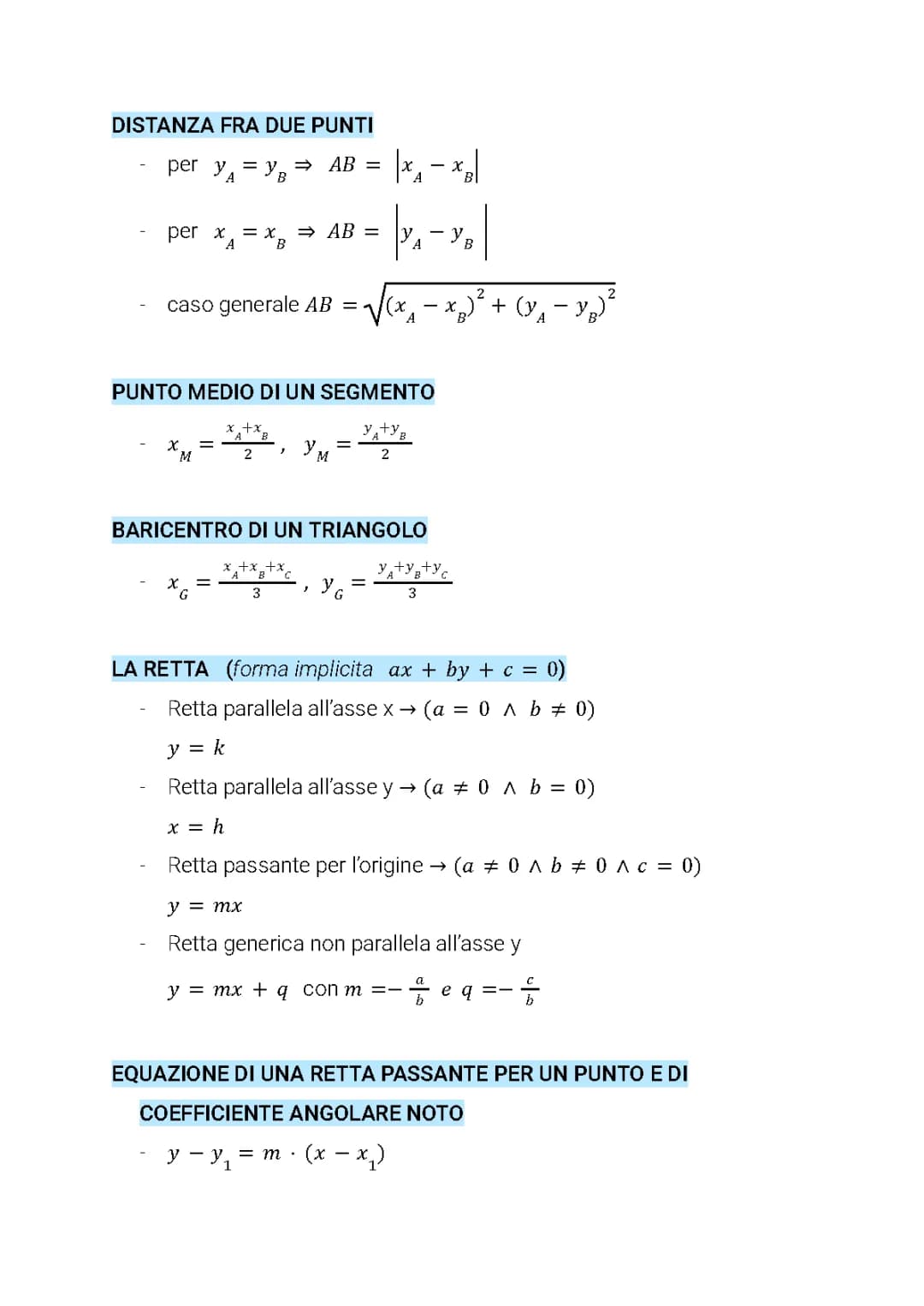 LA RETTA NEL PIANO CARTESIANO - Formule generali