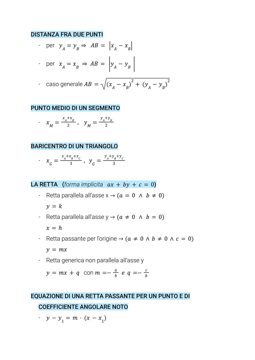 DISTANZA FRA DUE PUNTI
per y₁= y₂ ⇒ AB =
A
B
per x₁ = x ⇒ AB =
A
B
caso generale AB = 1
X =
M
PUNTO MEDIO DI UN SEGMENTO
y +YB
2
x+x
2
=
>
₂