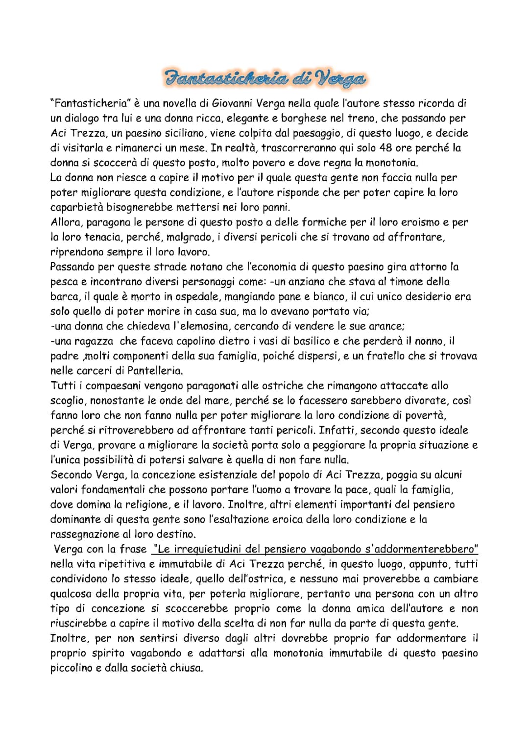 Fantasticheria riassunto e analisi per bambini