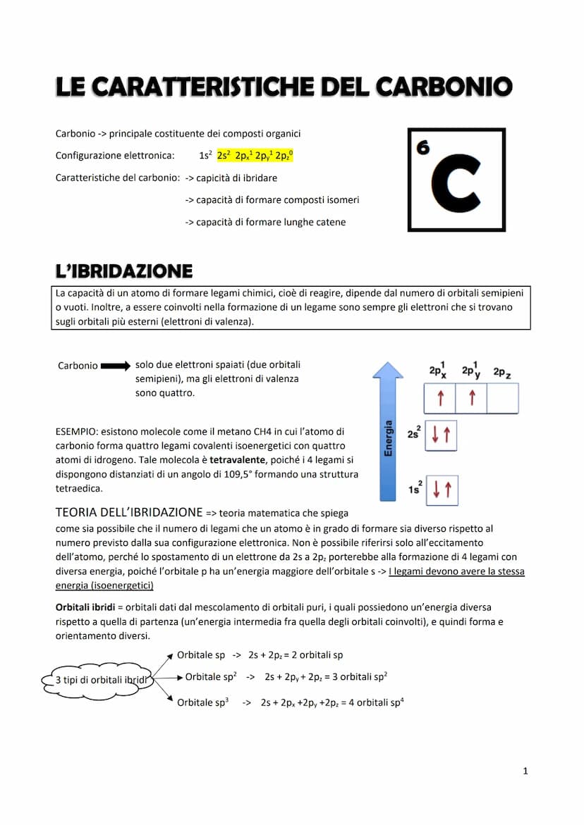 LE CARATTERISTICHE DEL CARBONIO
Carbonio -> principale costituente dei composti organici
Configurazione elettronica: 1s² 2s²2px¹2py¹ 2pzº
Ca