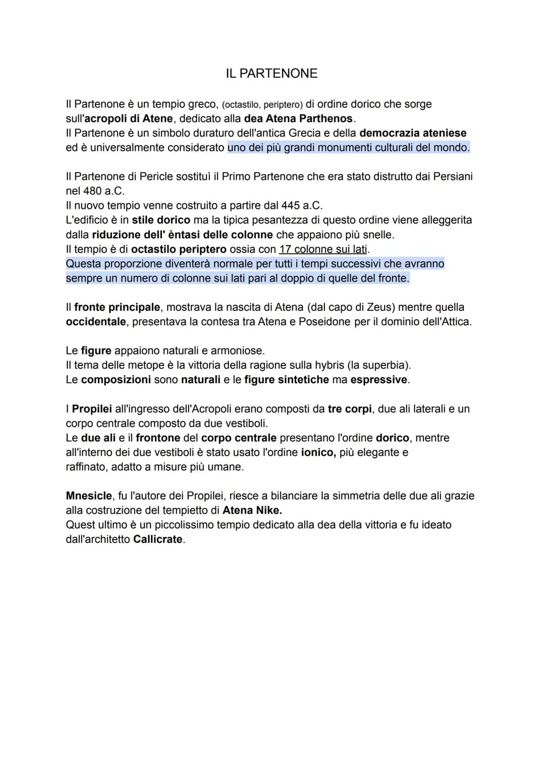 IL PARTENONE
II Partenone è un tempio greco, (octastilo, periptero) di ordine dorico che sorge
sull'acropoli di Atene, dedicato alla dea Ate