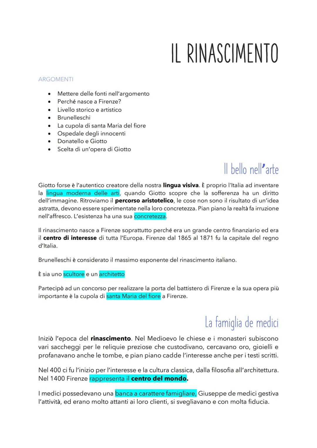 ARGOMENTI
Mettere delle fonti nell'argomento
● Perché nasce a Firenze?
Livello storico e artistico
●
Brunelleschi
La cupola di santa Maria d