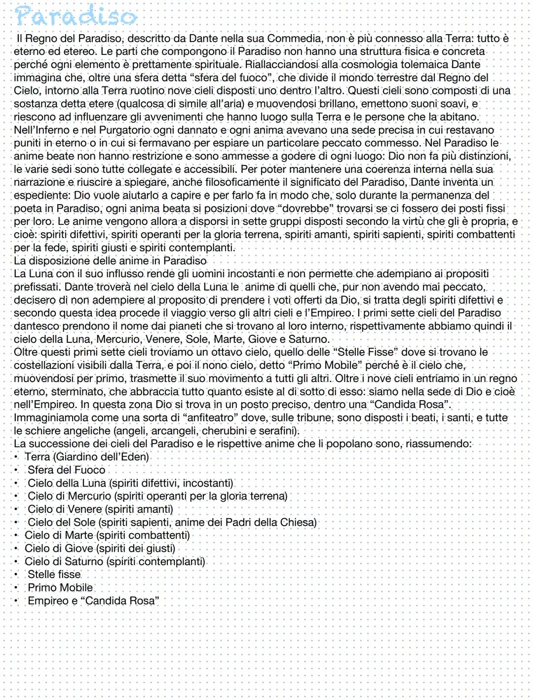 Paradiso
Il Regno del Paradiso, descritto da Dante nella sua Commedia, non è più connesso alla Terra: tutto è
eterno ed etereo. Le parti che