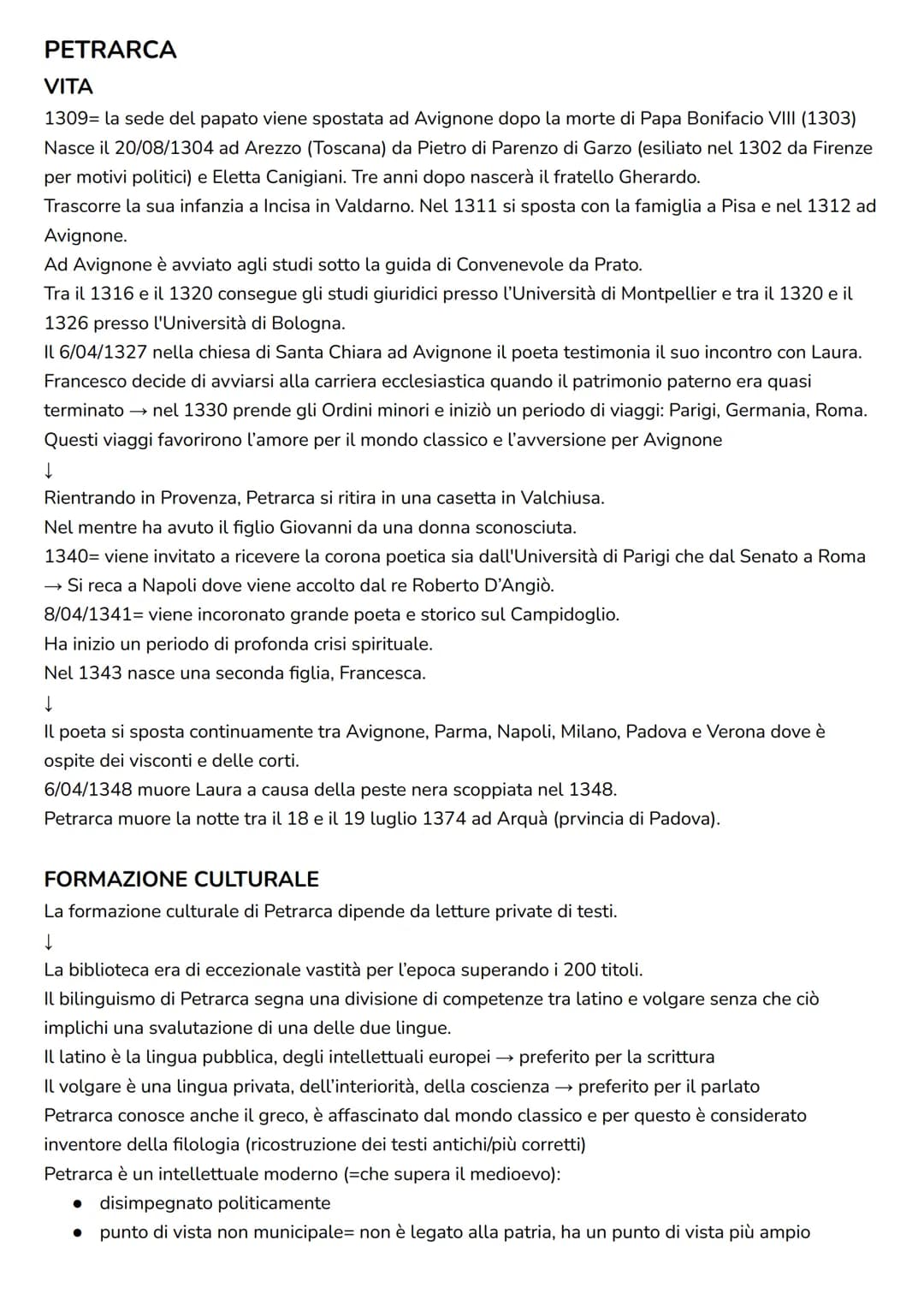 PETRARCA
VITA
1309 la sede del papato viene spostata ad Avignone dopo la morte di Papa Bonifacio VIII (1303)
Nasce il 20/08/1304 ad Arezzo (