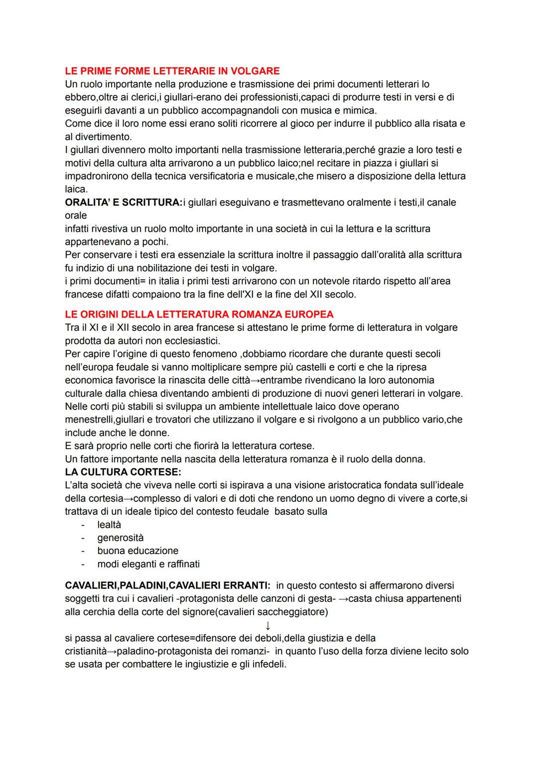 LE PRIME FORME LETTERARIE IN VOLGARE
Un ruolo importante nella produzione e trasmissione dei primi documenti letterari lo
ebbero, oltre ai c