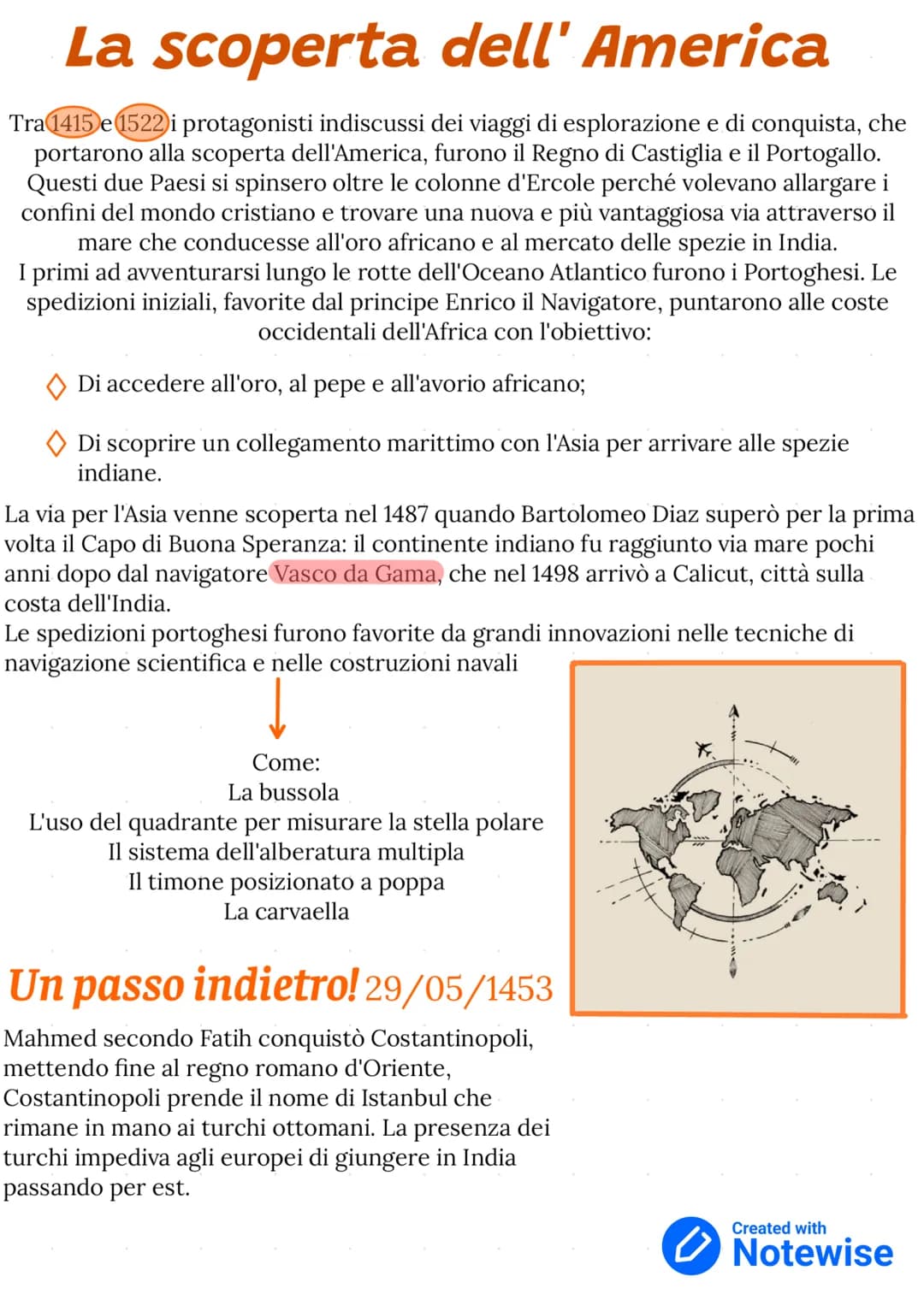 La scoperta dell' America
Tra 1415 e 1522 i protagonisti indiscussi dei viaggi di esplorazione e di conquista, che
portarono alla scoperta d