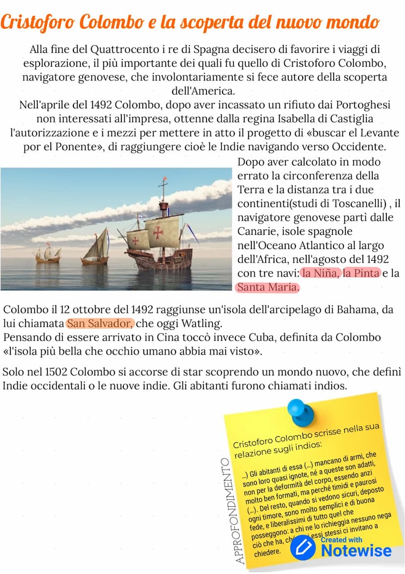 La scoperta dell' America
Tra 1415 e 1522 i protagonisti indiscussi dei viaggi di esplorazione e di conquista, che
portarono alla scoperta d