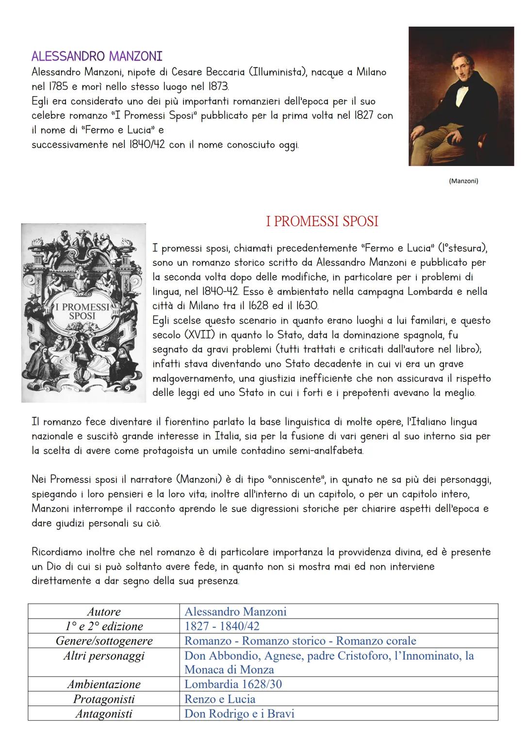 ALESSANDRO MANZONI
Alessandro Manzoni, nipote di Cesare Beccaria (Illuminista), nacque a Milano
nel 1785 e morì nello stesso luogo nel 1873.