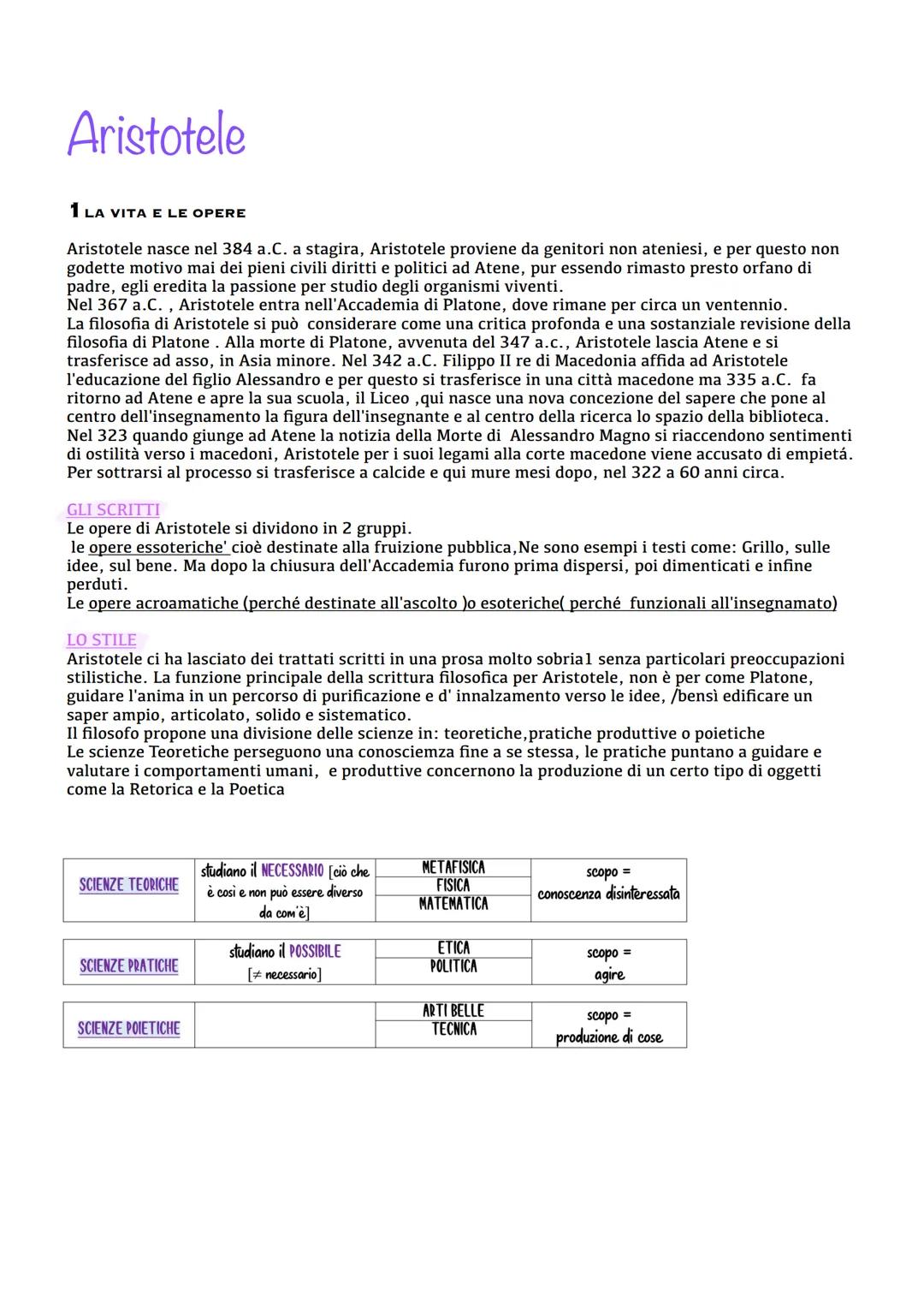 Aristotele
1 LA VITA E LE OPERE
Aristotele nasce nel 384 a.C. a stagira, Aristotele proviene da genitori non ateniesi, e per questo non
gode