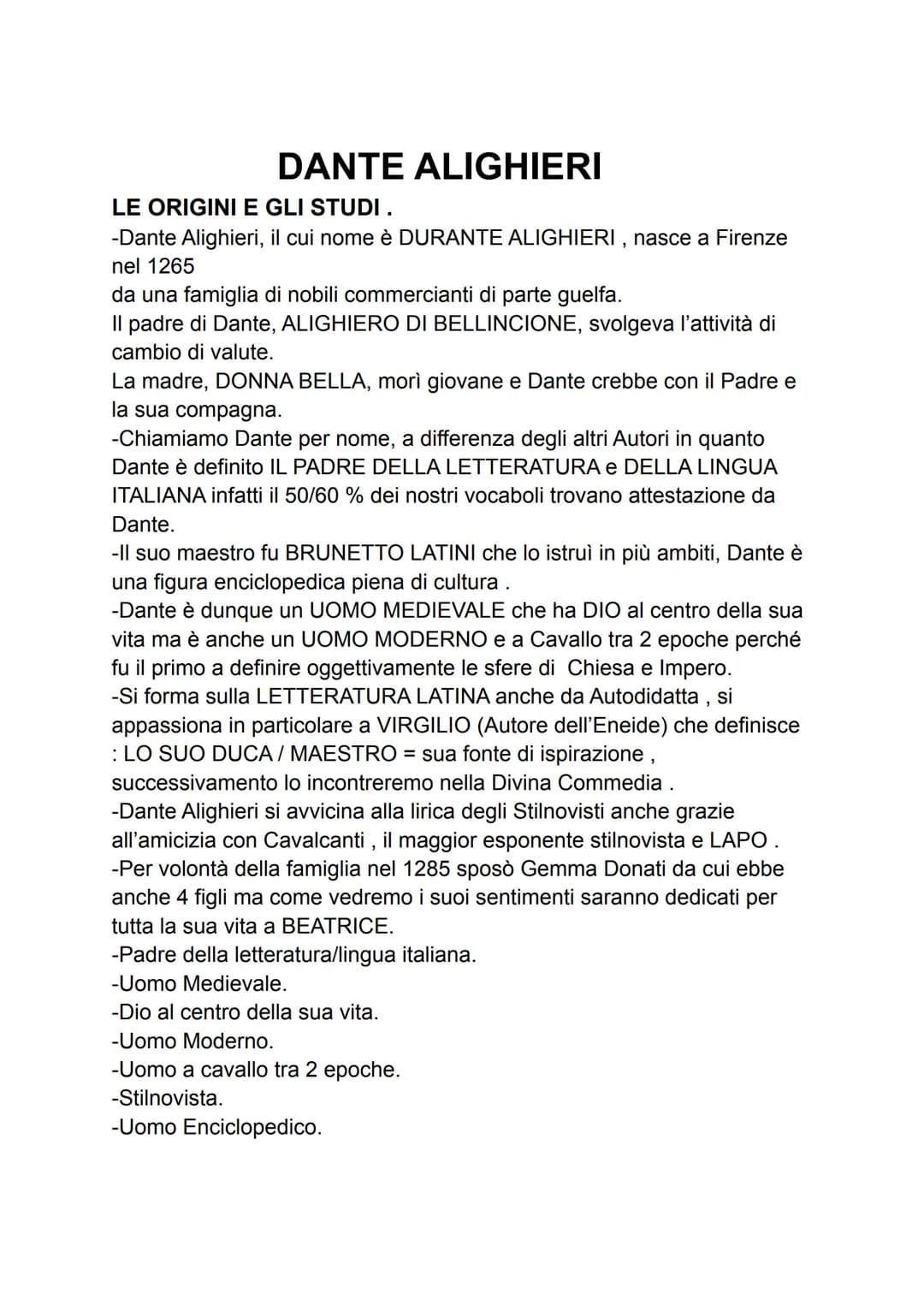 DANTE ALIGHIERI
LE ORIGINI E GLI STUDI .
-Dante Alighieri, il cui nome è DURANTE ALIGHIERI, nasce a Firenze
nel 1265
da una famiglia di nobi