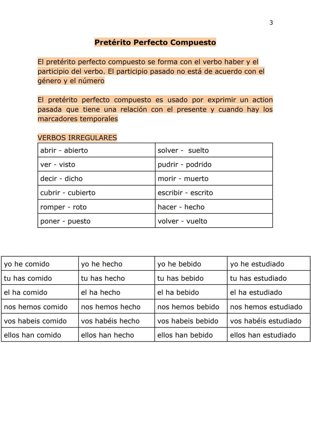 Pretérito Perfecto Compuesto
El pretérito perfecto compuesto se forma con el verbo haber y el
participio del verbo. El participio pasado no 