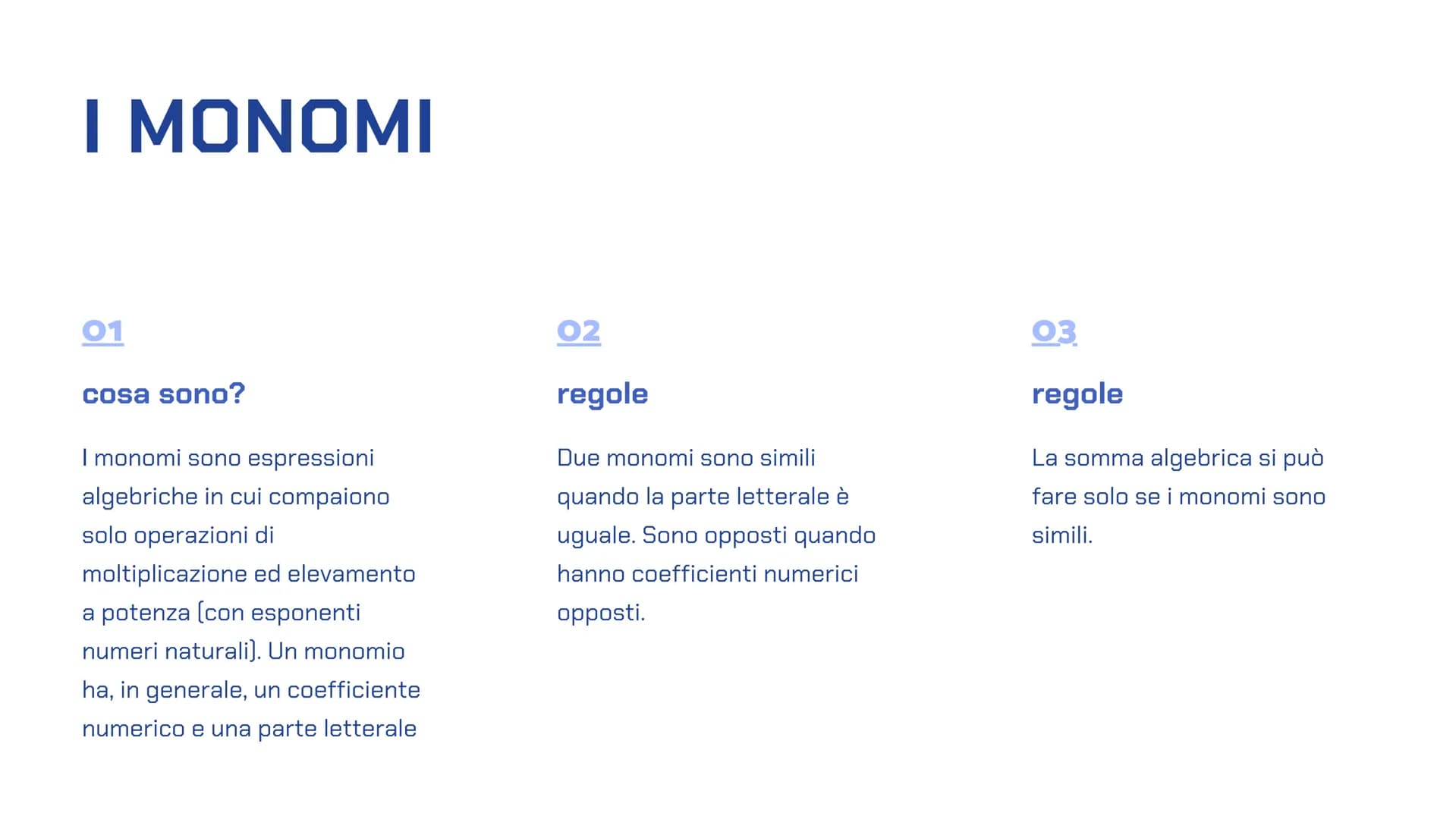 ALGEBRA
Di Ottavia Marozzi indice
ecco di cosa andremo a parlare oggi
• i numeri reali e irrazionali
• monomi e polinomi
• i monomi
• com'è 