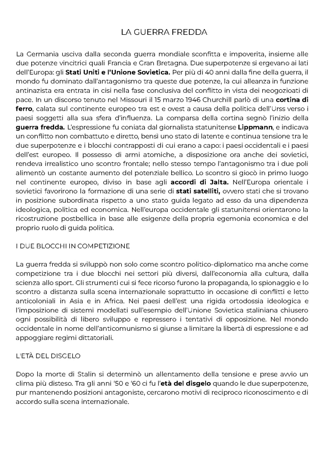 La Guerra Fredda: Riassunto e Storia Completa in PDF