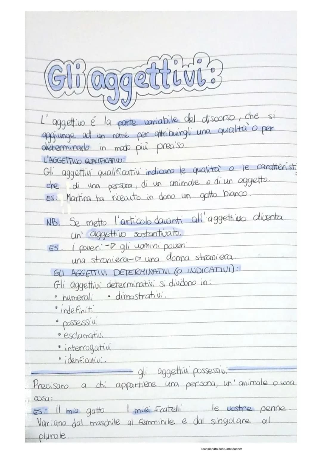 Gli oggettivi:
L'
aggettivo é la parte variabile del discorso, che si
aggiunge ad un nome per attribuirgli una qualità o per
determinarlo in