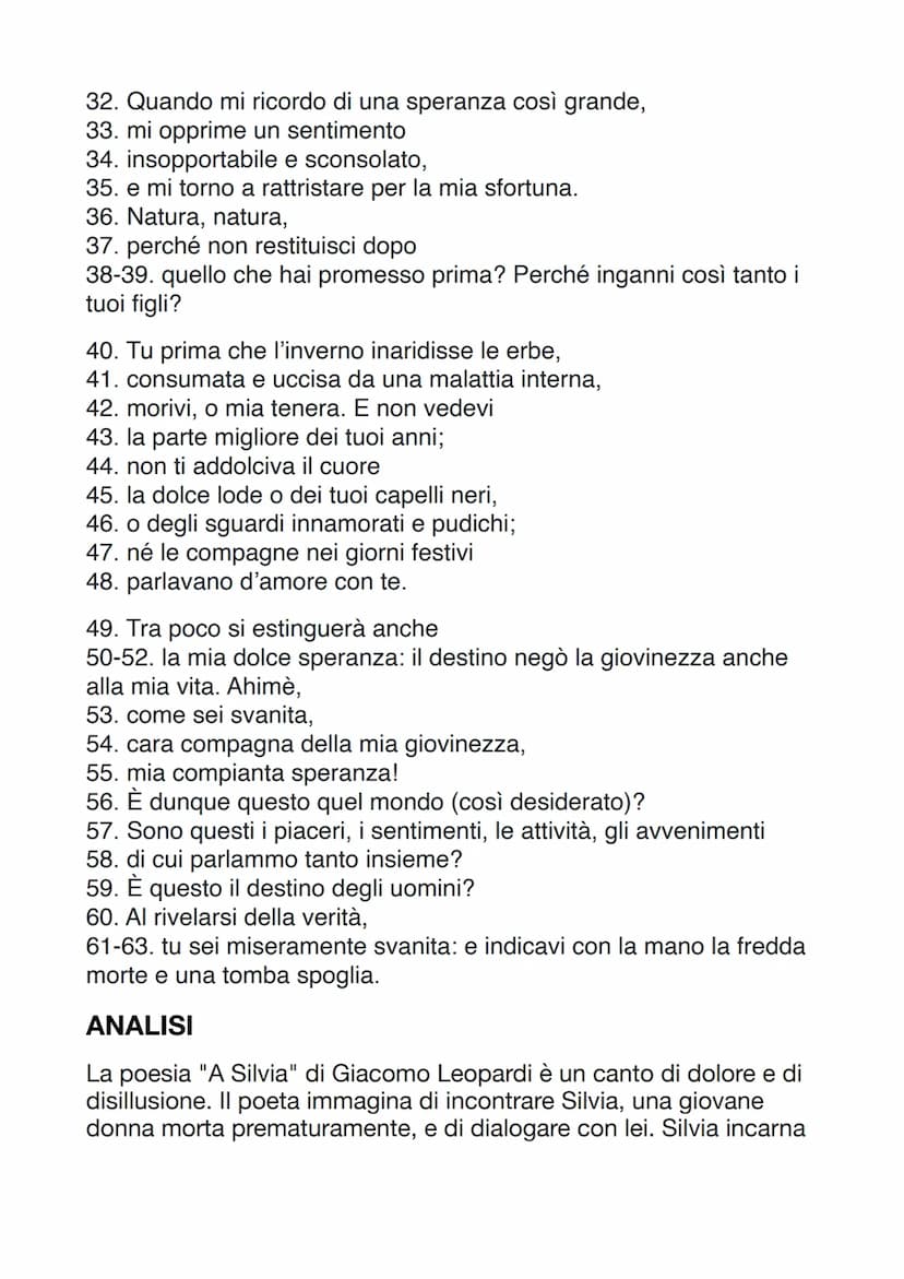 A SILVIA
Parafrasi
1. Silvia, ti ricordi ancora
2. quel periodo della tua vita terrena
3. quando la bellezza risplendeva
4. nei tuoi occhi s