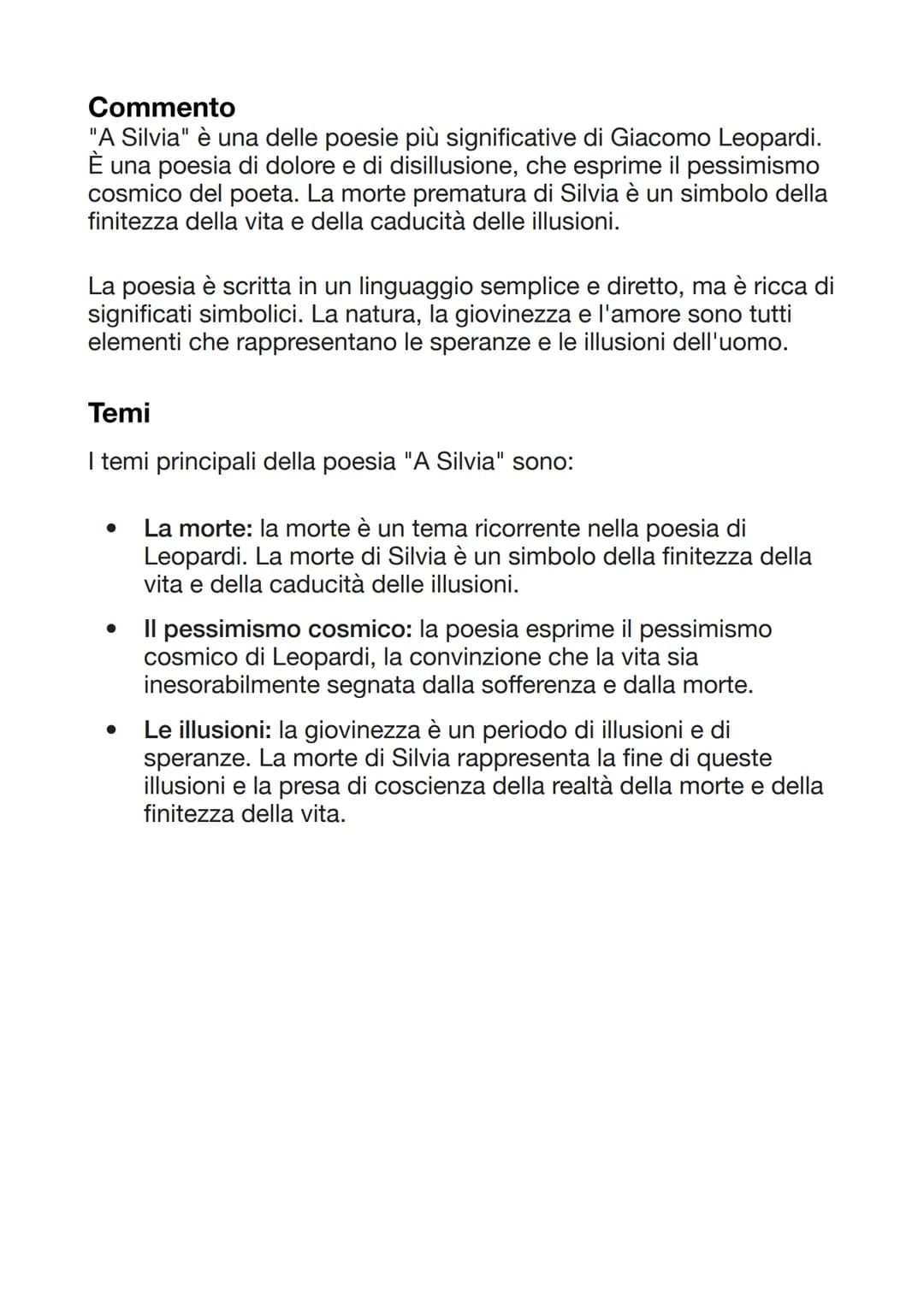 A SILVIA
Parafrasi
1. Silvia, ti ricordi ancora
2. quel periodo della tua vita terrena
3. quando la bellezza risplendeva
4. nei tuoi occhi s