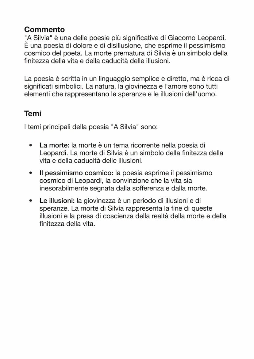 A SILVIA
Parafrasi
1. Silvia, ti ricordi ancora
2. quel periodo della tua vita terrena
3. quando la bellezza risplendeva
4. nei tuoi occhi s