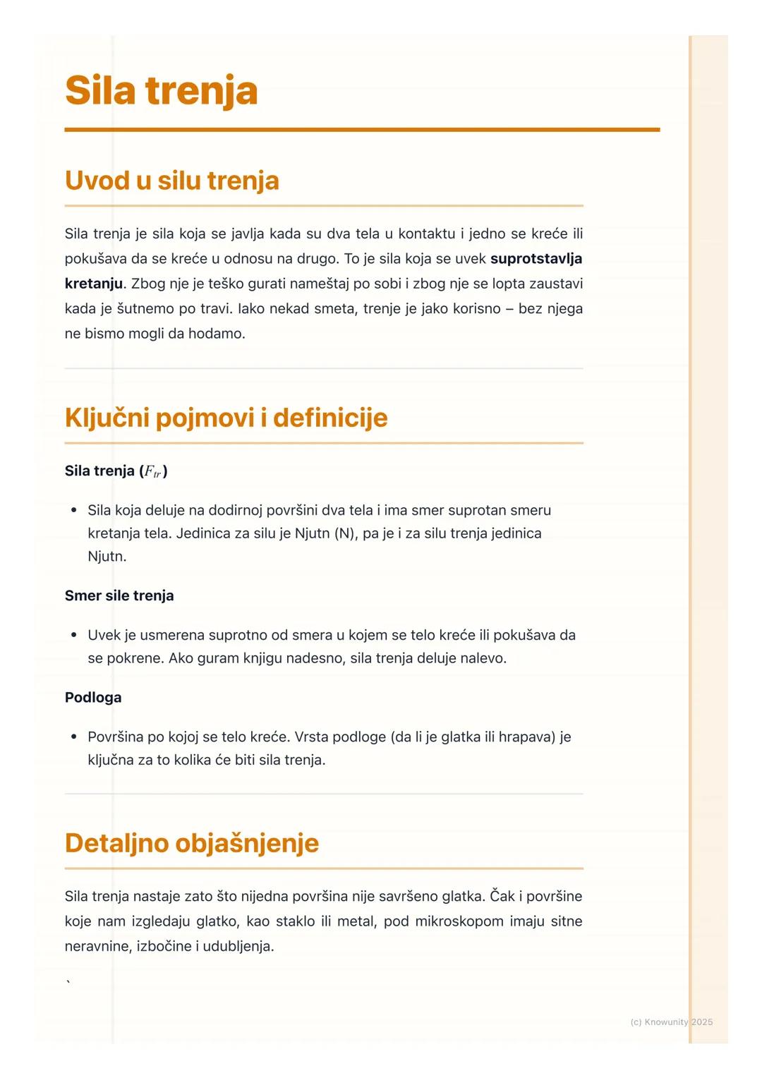 # Sila trenja

Uvod u silu trenja

Sila trenja je sila koja se javlja kada su dva tela u kontaktu i jedno se kreće ili
pokušava da se kreće 