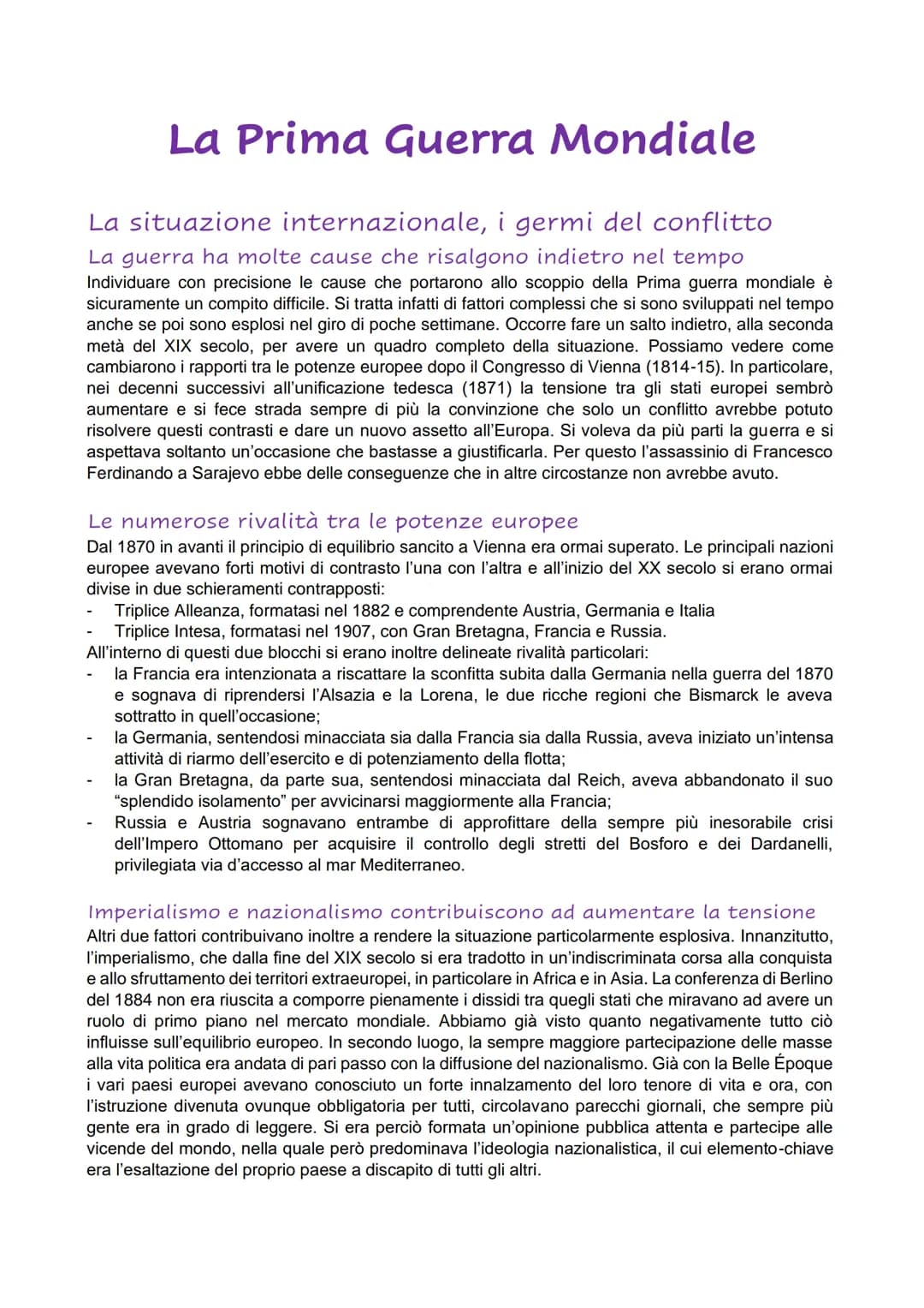 La Prima Guerra Mondiale
La situazione internazionale, i germi del conflitto
La guerra ha molte cause che risalgono indietro nel tempo
Indiv