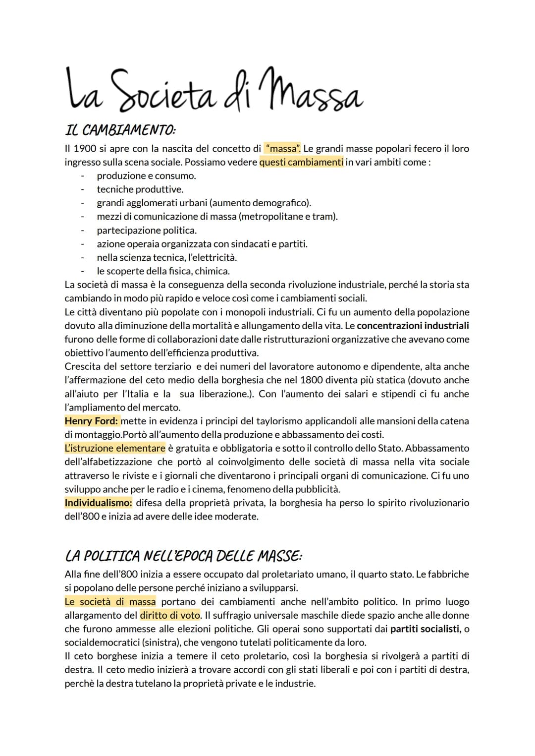 La Societa di massa
IL CAMBIAMENTO:
II 1900 si apre con la nascita del concetto di "massa". Le grandi masse popolari fecero il loro
ingresso