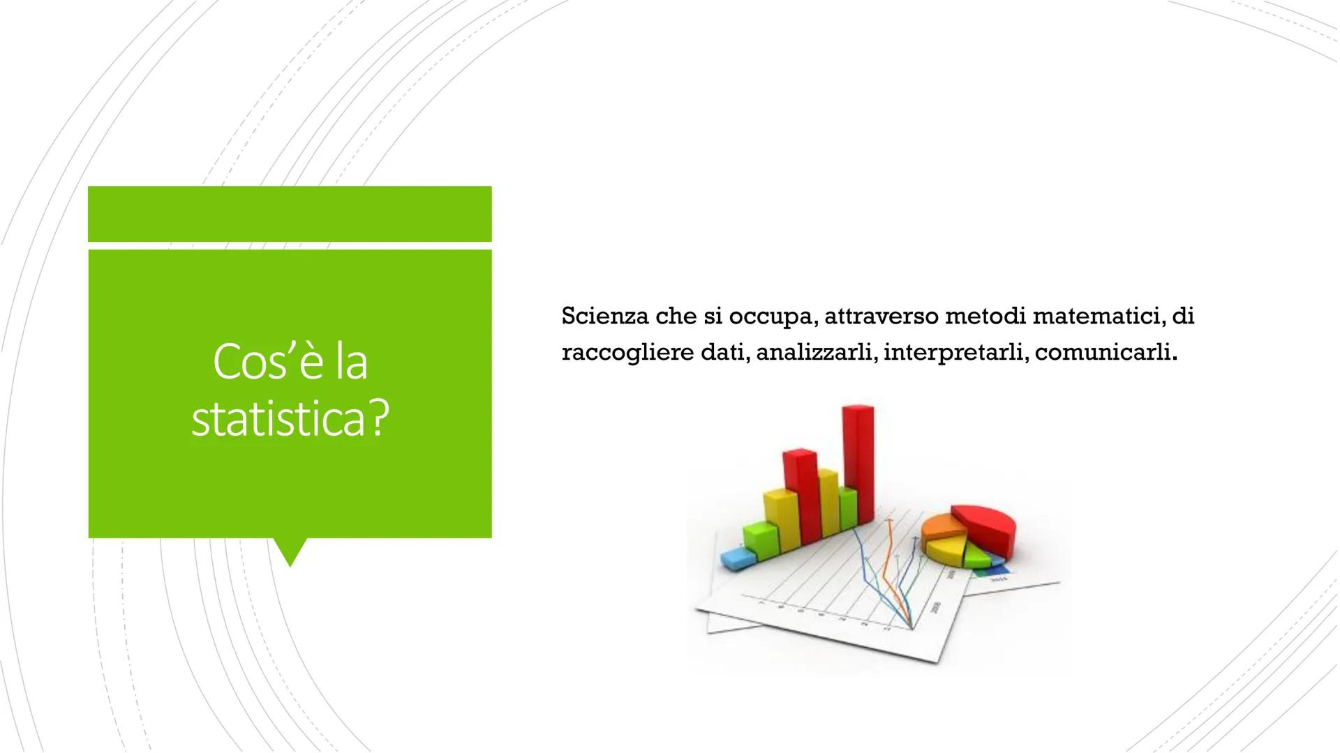 Introduzione alla statistica Cos'è la
statistica?
Scienza che si occupa, attraverso metodi matematici, di
raccogliere dati, analizzarli, int