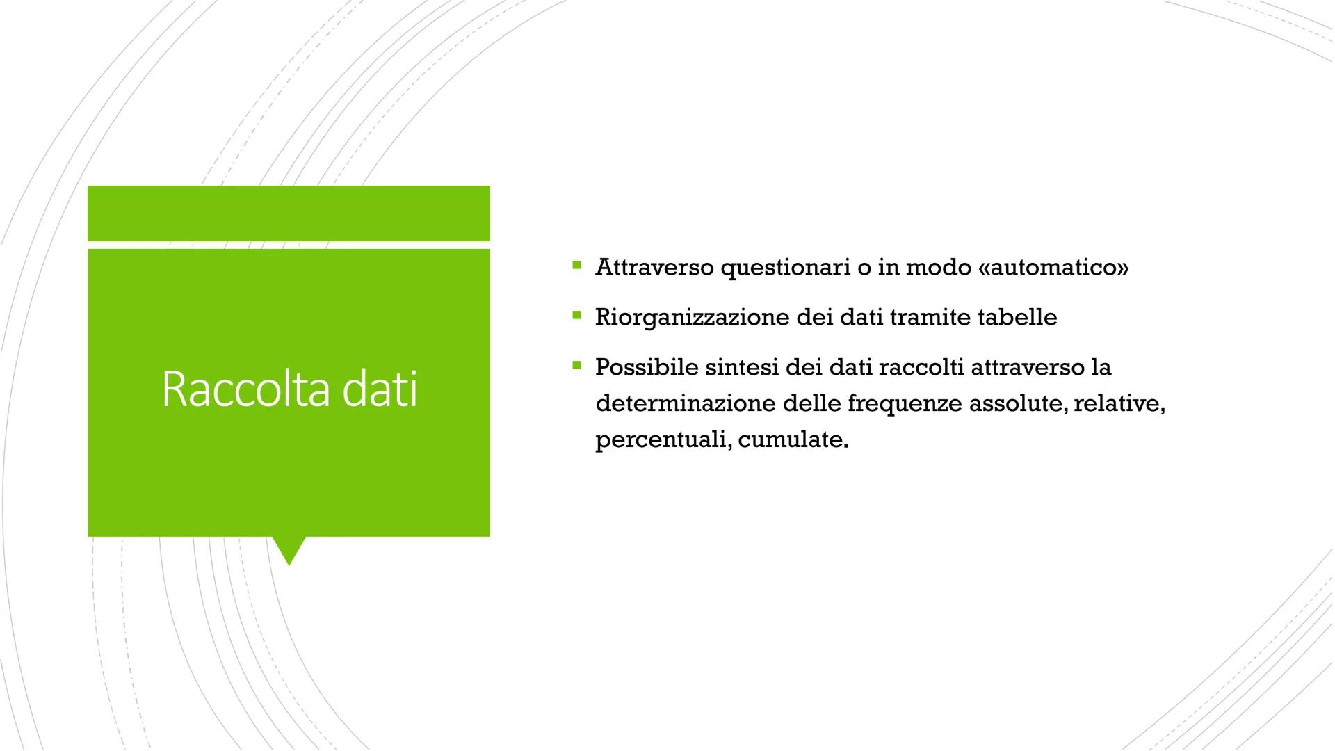 Introduzione alla statistica Cos'è la
statistica?
Scienza che si occupa, attraverso metodi matematici, di
raccogliere dati, analizzarli, int
