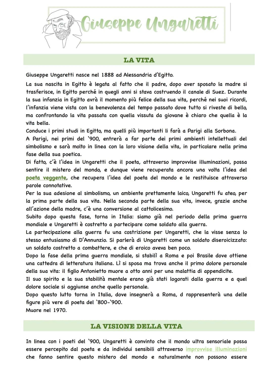 Giuseppe Ungaretti
LA VITA
Giuseppe Ungaretti nasce nel 1888 ad Alessandria d'Egitto.
La sua nascita in Egitto è legata al fatto che il padr