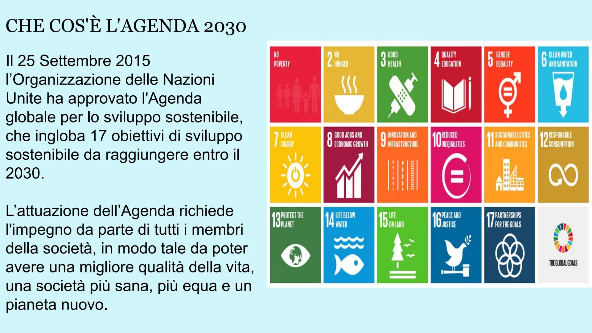 
<p>Il 25 settembre 2015, l'Organizzazione delle Nazioni Unite ha approvato l'Agenda Globale per lo Sviluppo Sostenibile, che include 17 obi