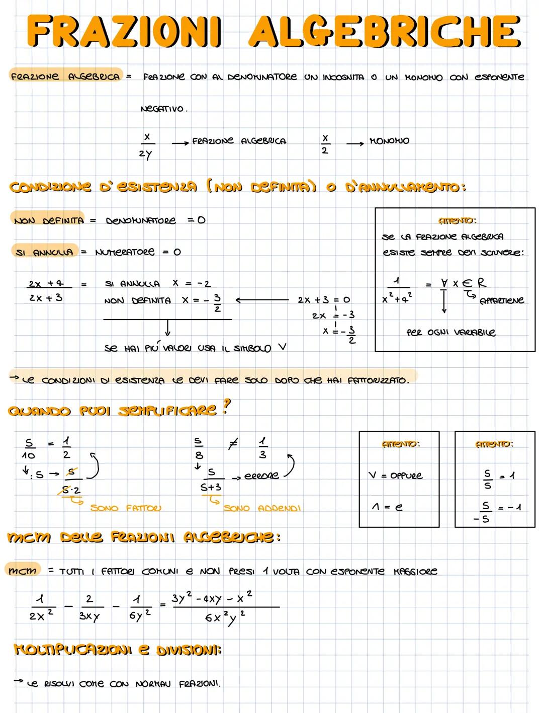 # FRAZIONI ALGEBRICHE

FRAZIONE ALGEBRICA = FRAZIONE CON AL DENOMINATORE ON INCOGNITA O UN MONONO CON ESPONENTE

NEGATIVO

FRAZIONE ALGEBRIC