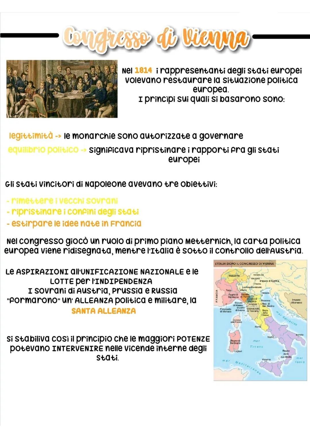 Congresso di Vienna
Nel 1814 i rappresentanti degli stati europei
volevano restaurare la situazione politica
europea.
I principi sui quali s