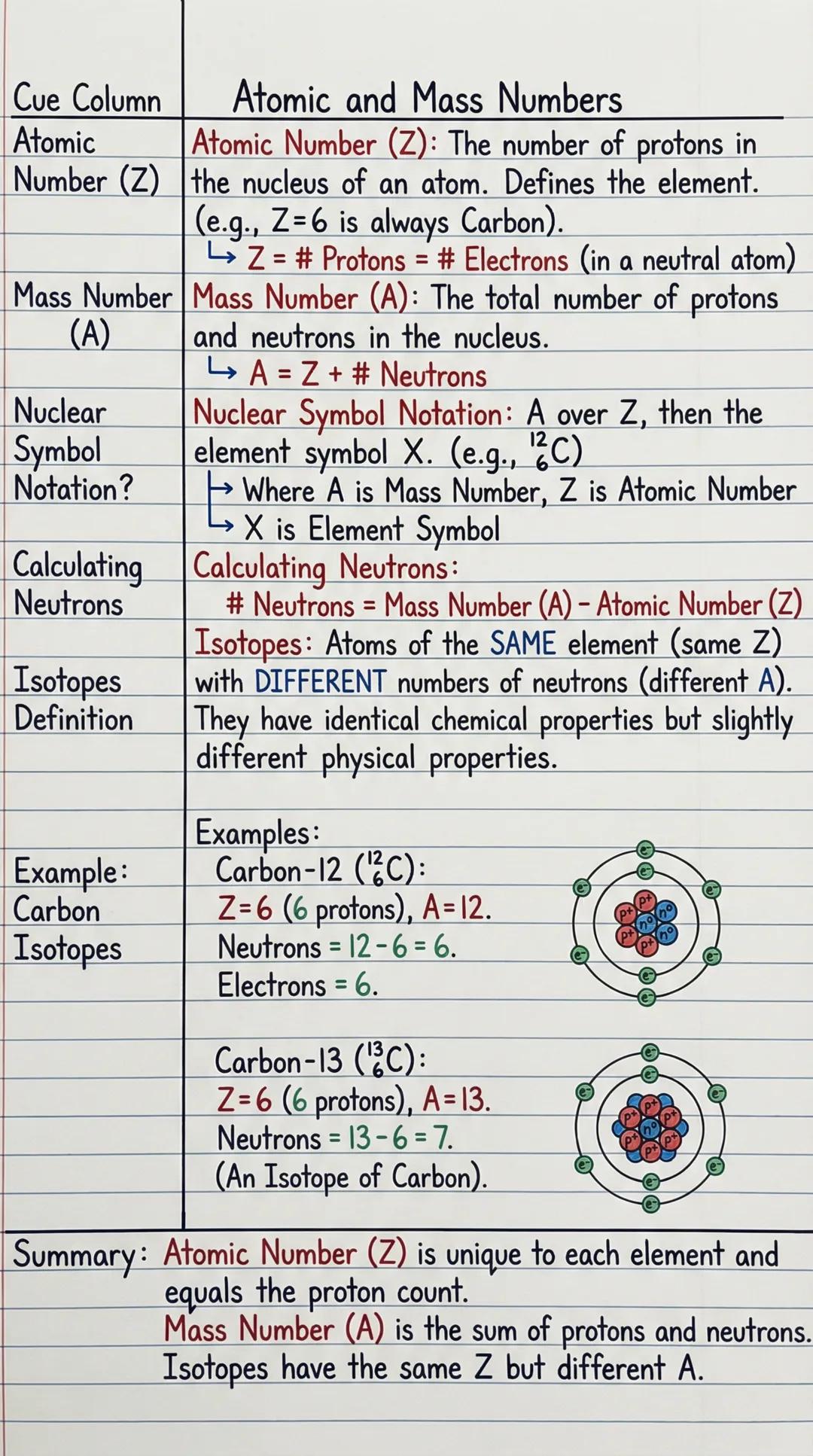 Cue Column Atomic and Mass Numbers
Atomic Atomic Number (Z): The number of protons in
Number (Z) the nucleus of an atom. Defines the element