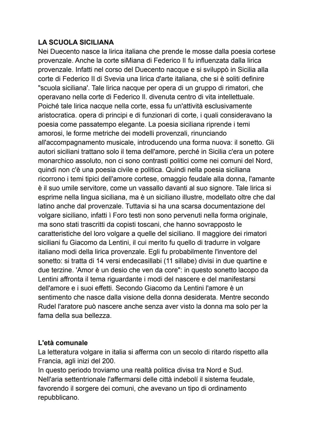 LA SCUOLA SICILIANA
Nei Duecento nasce la lirica italiana che prende le mosse dalla poesia cortese
provenzale. Anche la corte siMiana di Fed