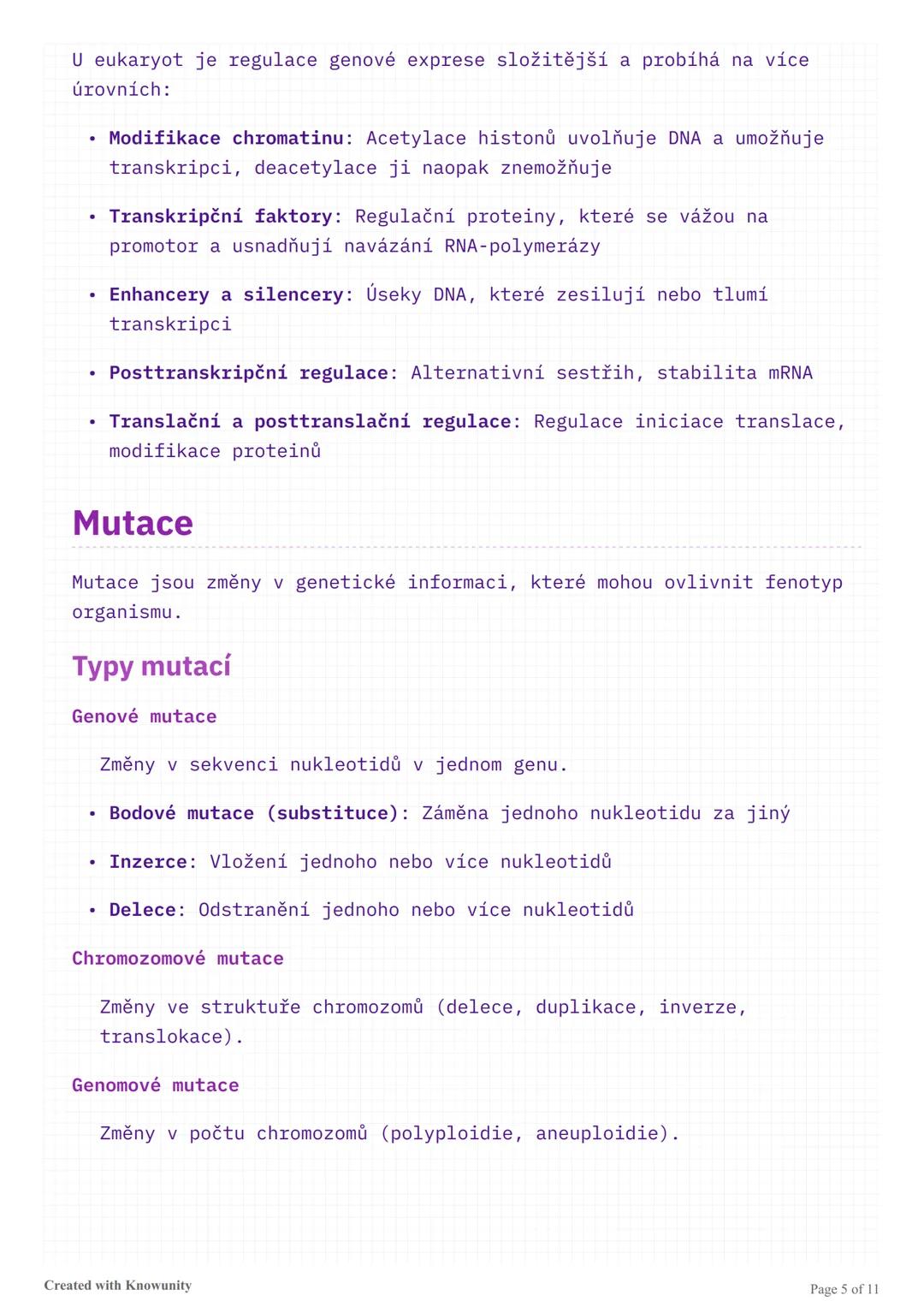 Genetika - studijní přehled pro
maturitu
Komplexní přehled genetiky zahrnující DNA, replikaci, transkripci,
translaci, genovou regulaci, mut