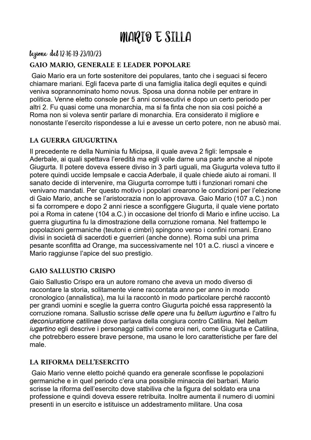 MARIO E SILLA
lezione del 12-16-19-23/10/23
GAIO MARIO, GENERALE E LEADER POPOLARE
Gaio Mario era un forte sostenitore dei populares, tanto 