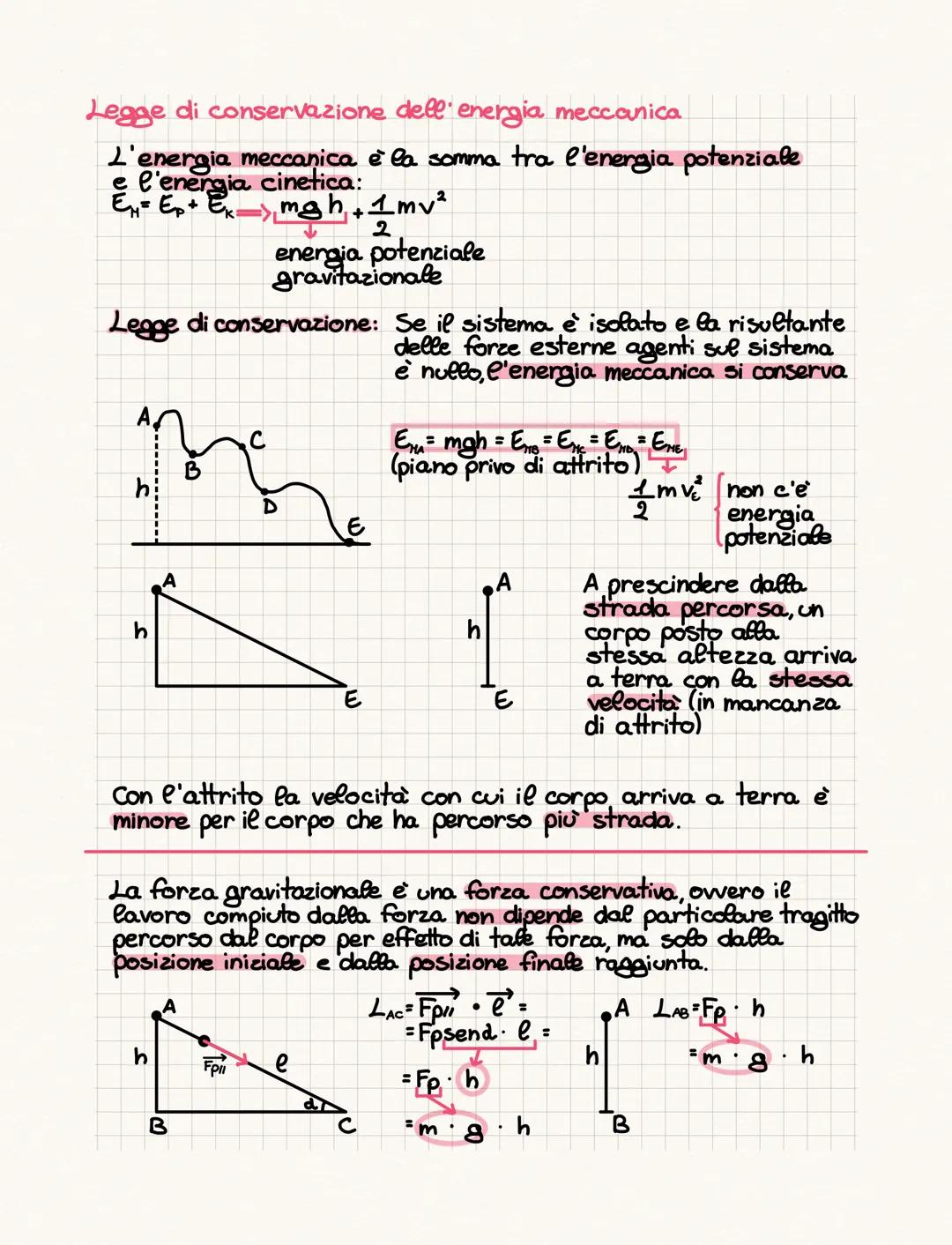 Legge di conservazione dell'energia meccanica
L'energia meccanica è la somma tra l'energia potenziale
l'energia cinetica:
E₁²= Ep + Ek=
mgh+