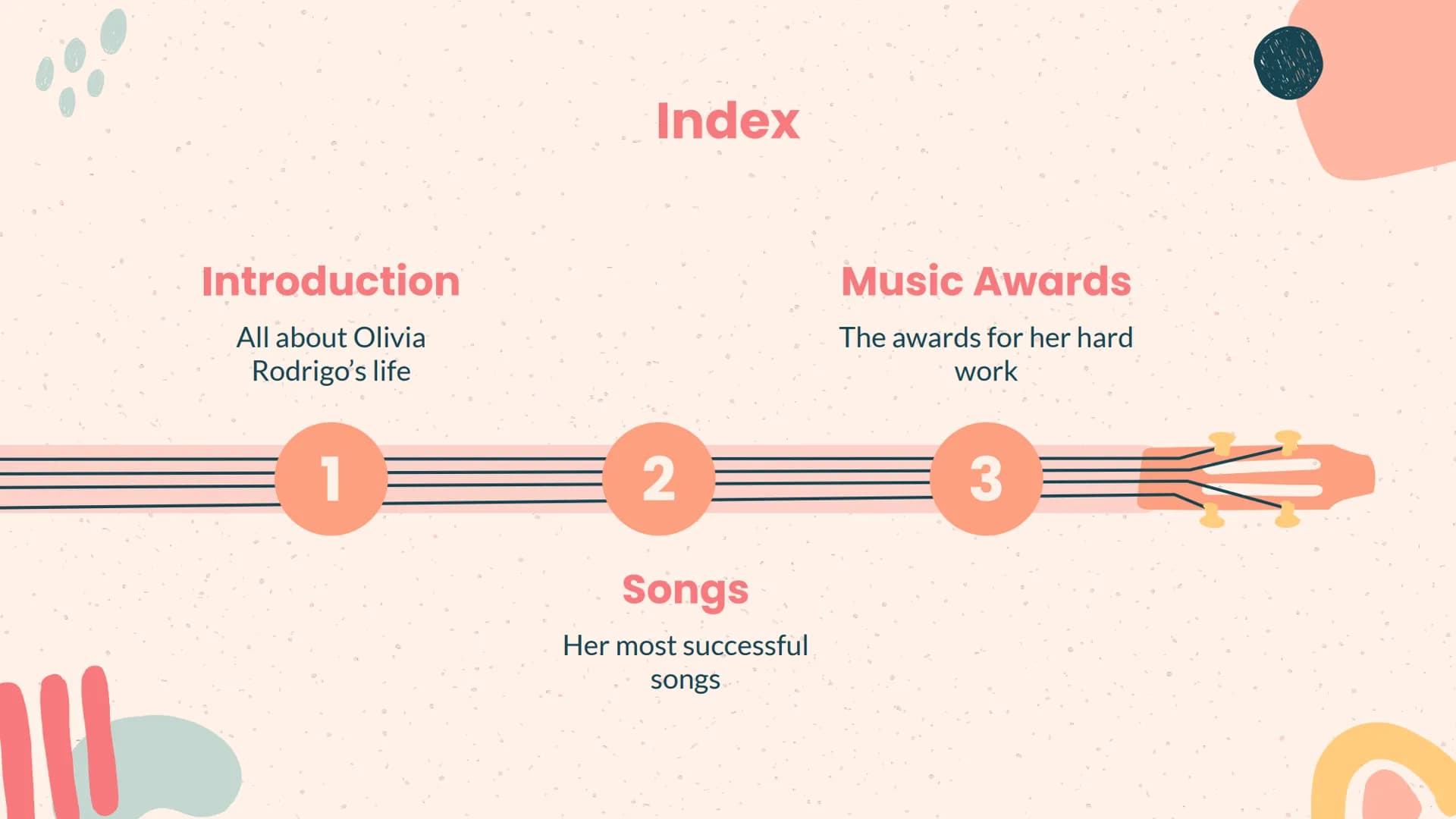 5
5
J
Luce Ruffato
Olivia Rodrigo
C
s 10
Introduction
All about Olivia
Rodrigo's life
1
Index
2
Songs
Her most successful
songs
Music Awards