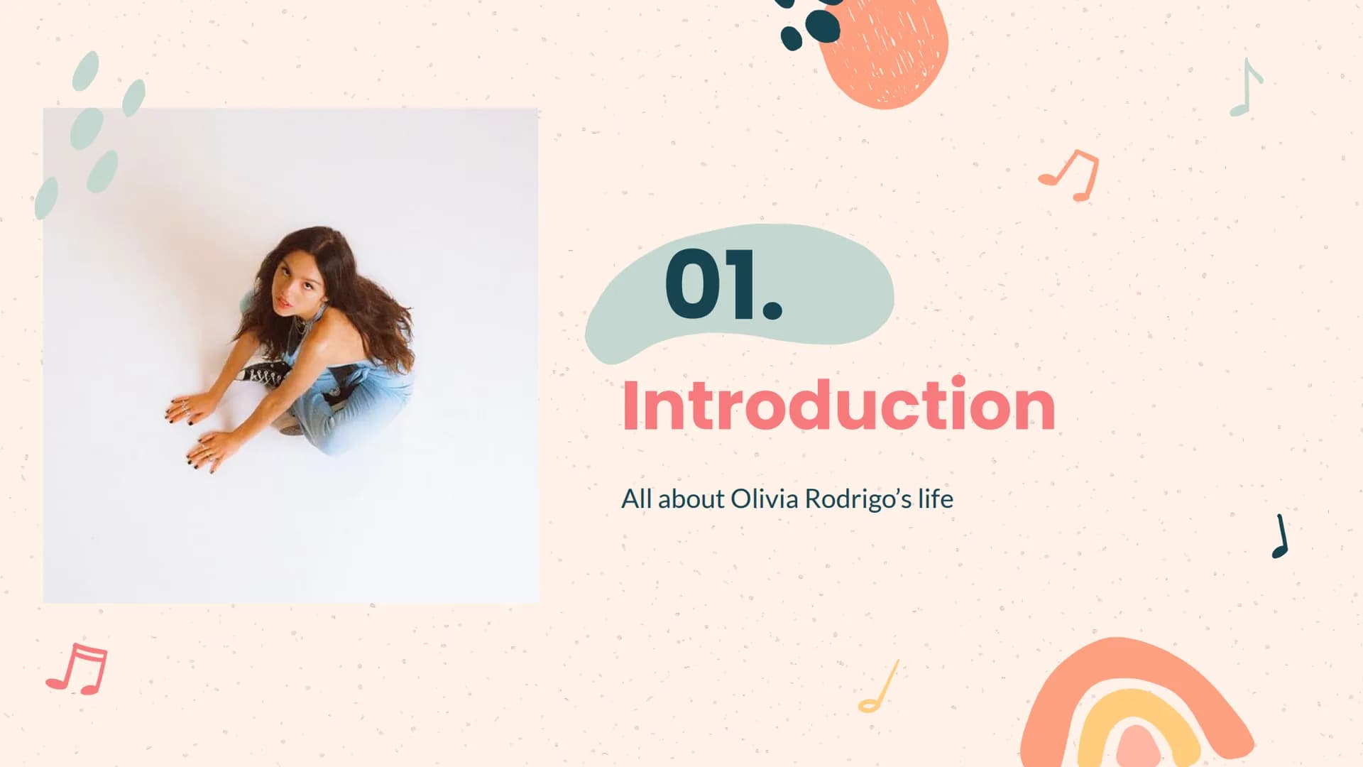 5
5
J
Luce Ruffato
Olivia Rodrigo
C
s 10
Introduction
All about Olivia
Rodrigo's life
1
Index
2
Songs
Her most successful
songs
Music Awards