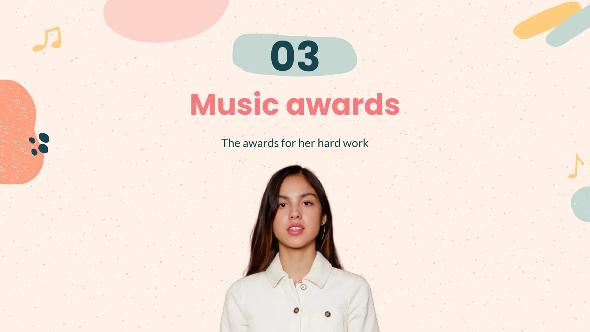 5
5
J
Luce Ruffato
Olivia Rodrigo
C
s 10
Introduction
All about Olivia
Rodrigo's life
1
Index
2
Songs
Her most successful
songs
Music Awards